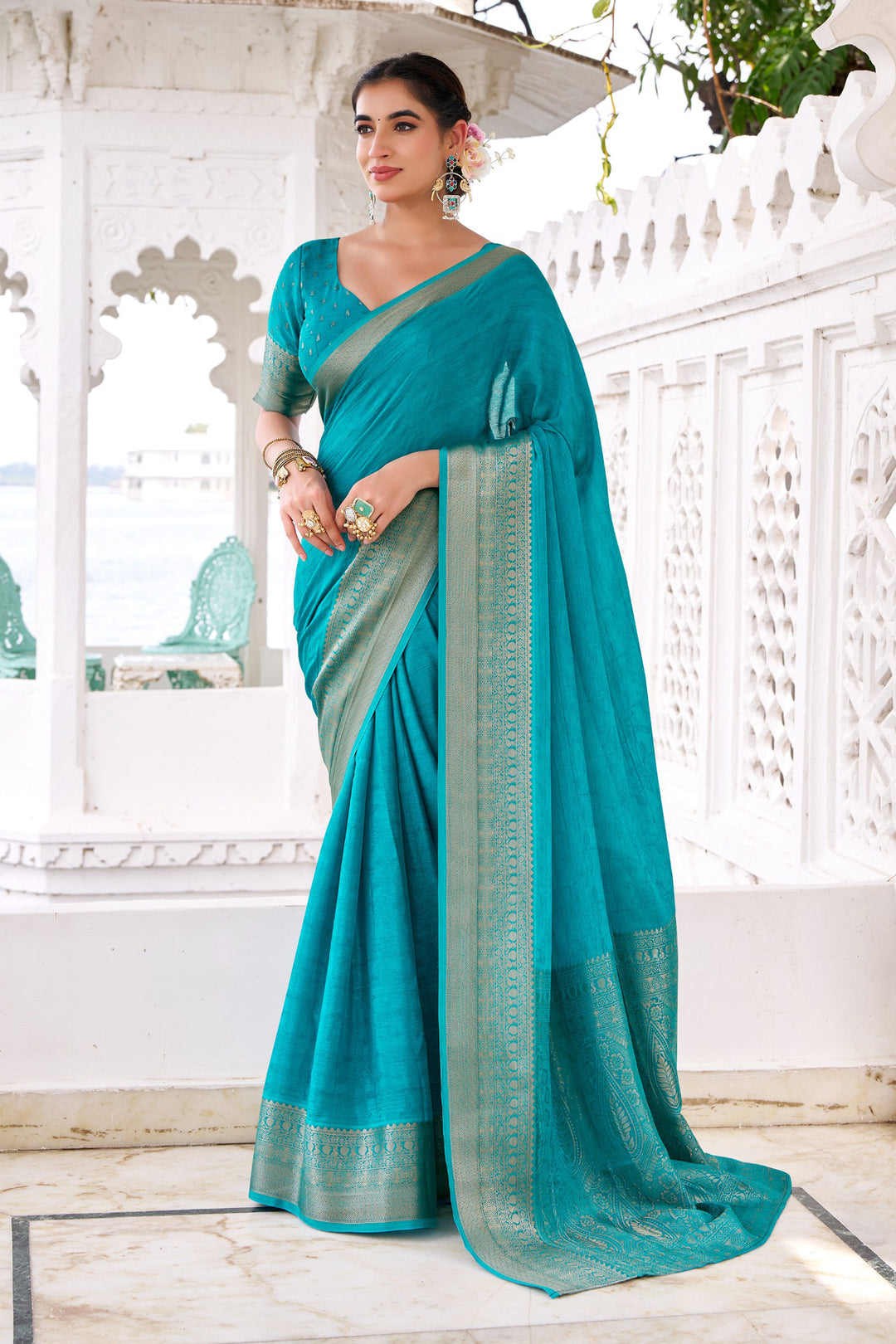 Cyan Color Weaving Work Glamorous Chinon Fabric Saree | Buy Online India