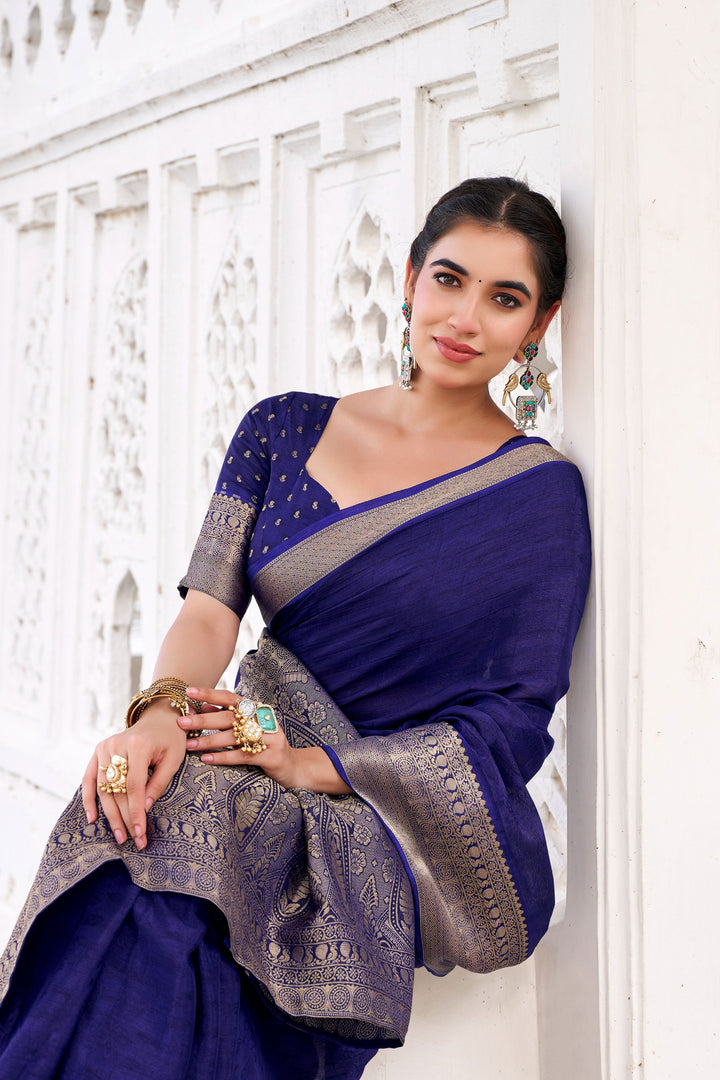Blue Color Exquisite Weaving Work Chinon Fabric Saree | Buy Online India