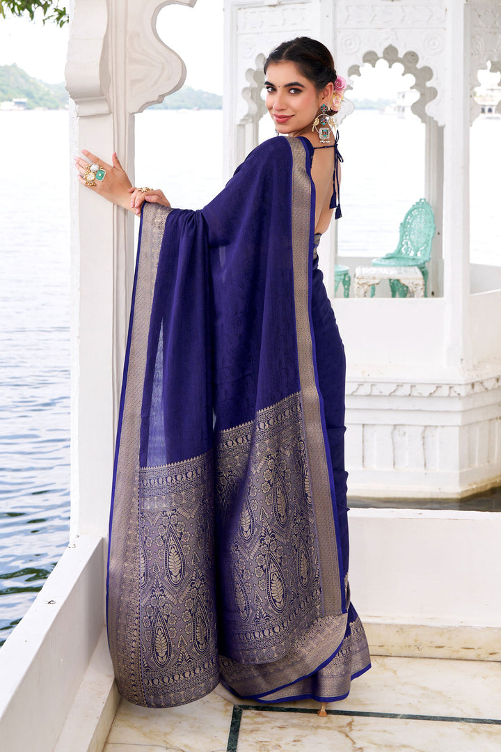 Blue Color Exquisite Weaving Work Chinon Fabric Saree | Buy Online India