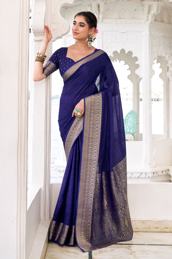 Blue Color Exquisite Weaving Work Chinon Fabric Saree | Buy Online India