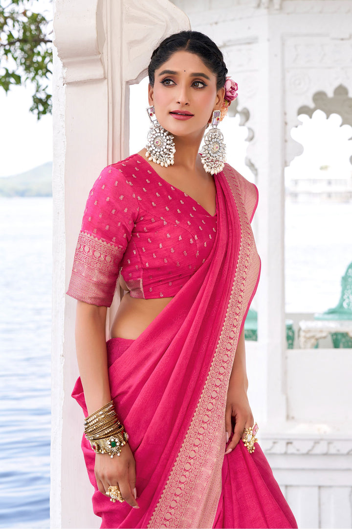 Weaving Work Attractive Chinon Fabric Saree In Pink Color | Buy Online India