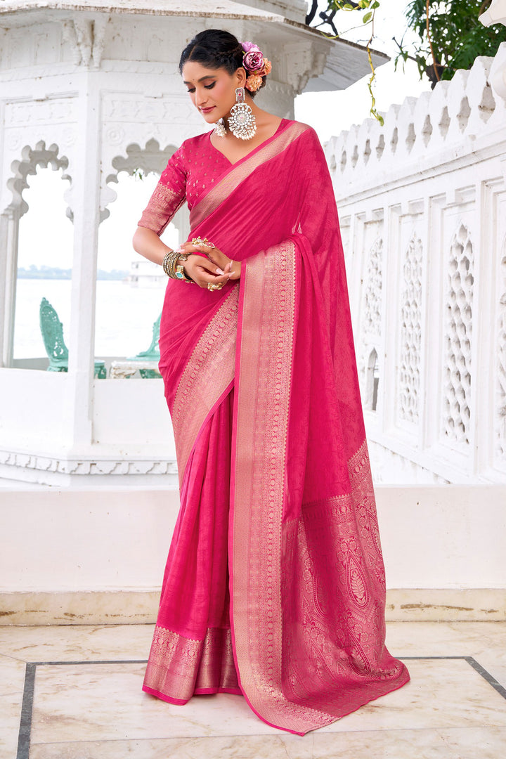 Weaving Work Attractive Chinon Fabric Saree In Pink Color | Buy Online India