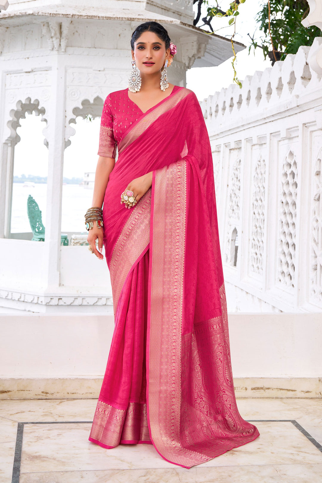Weaving Work Attractive Chinon Fabric Saree In Pink Color | Buy Online India
