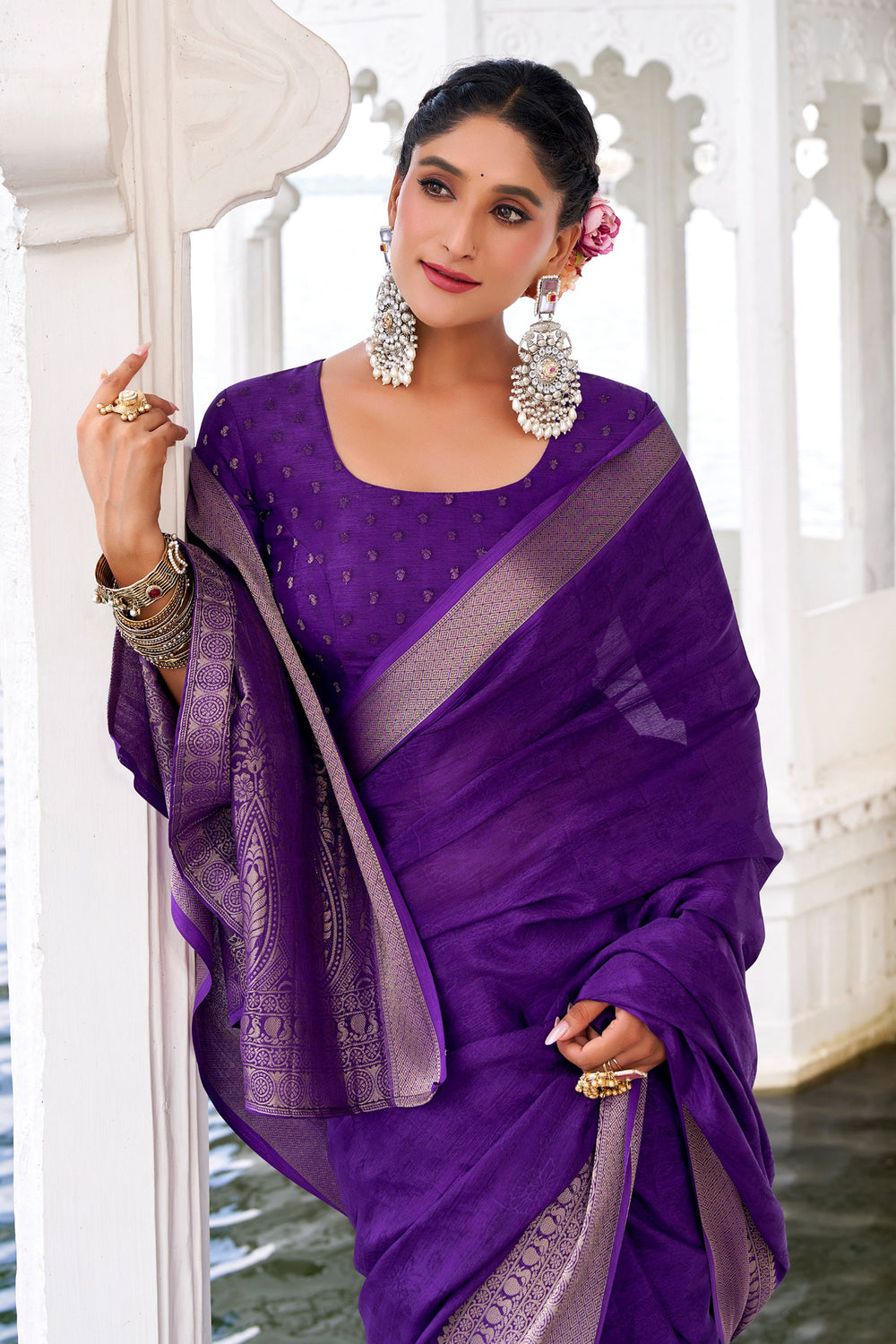 Alluring Purple Color Weaving Work Chinon Fabric Saree | Buy Online India