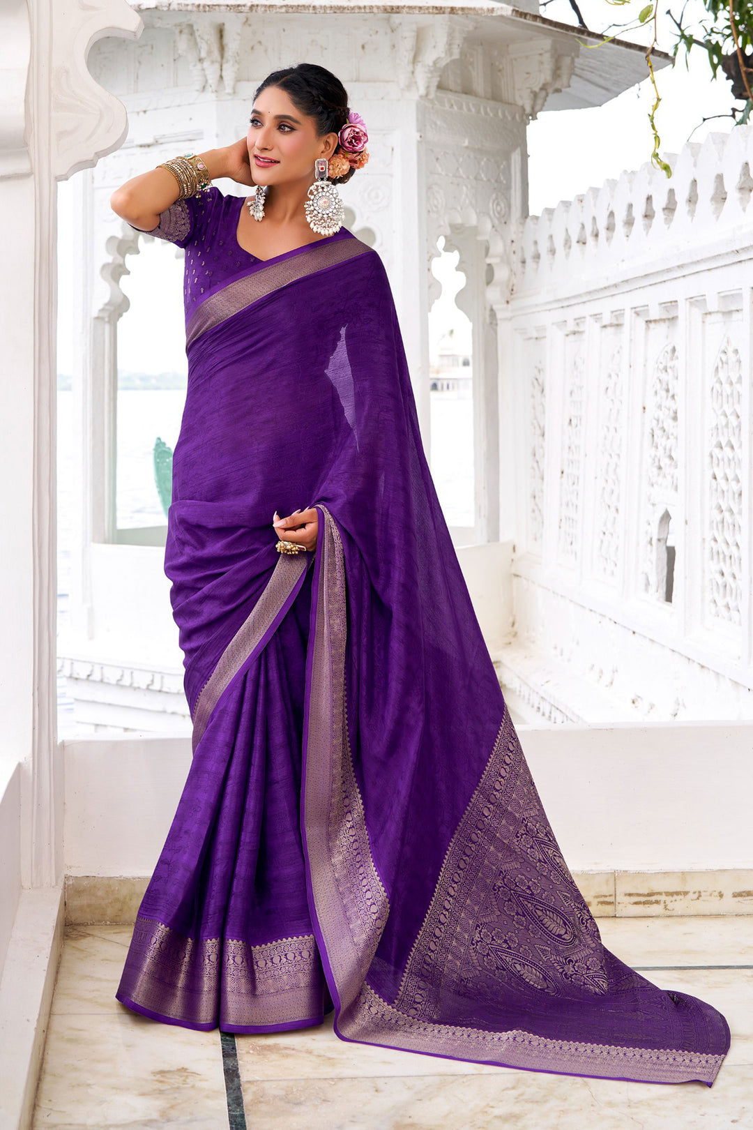Alluring Purple Color Weaving Work Chinon Fabric Saree | Buy Online India