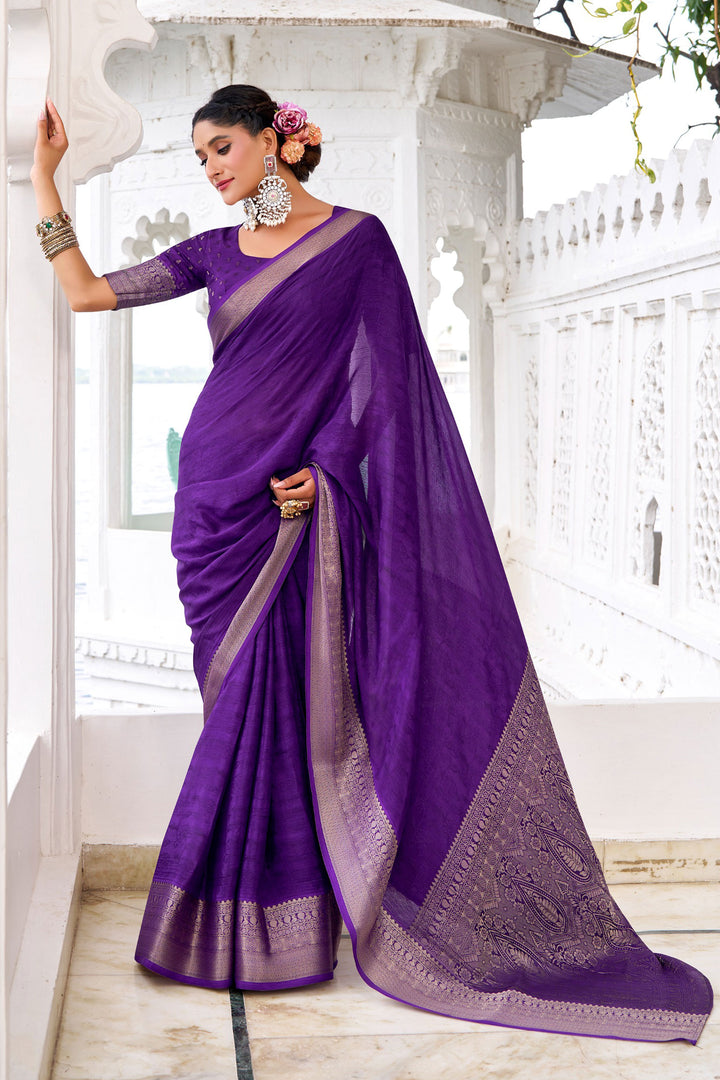 Alluring Purple Color Weaving Work Chinon Fabric Saree | Buy Online India