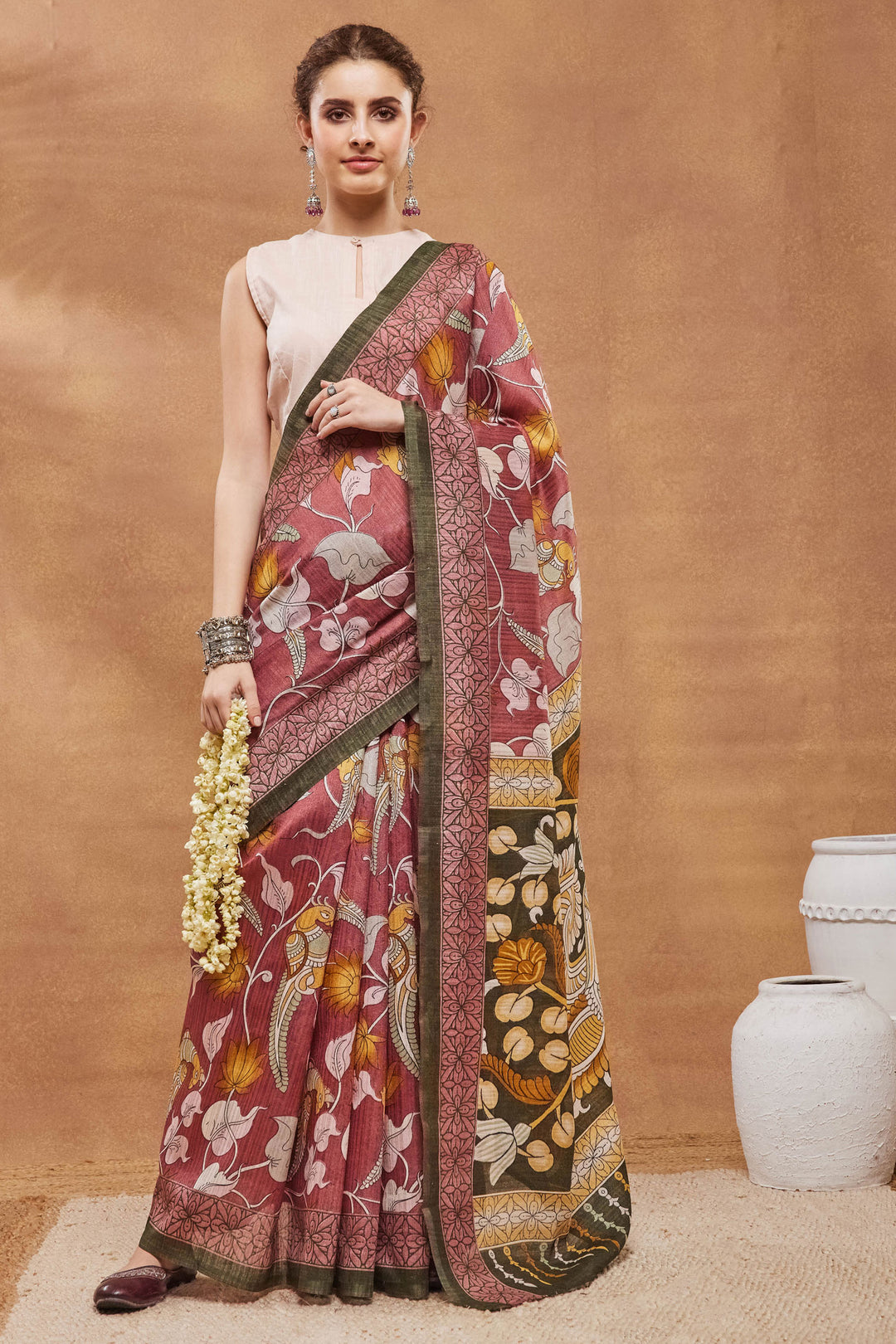 Radiant Floral Printed Work On Pink Color Art Silk Fabric Saree | Buy Online India