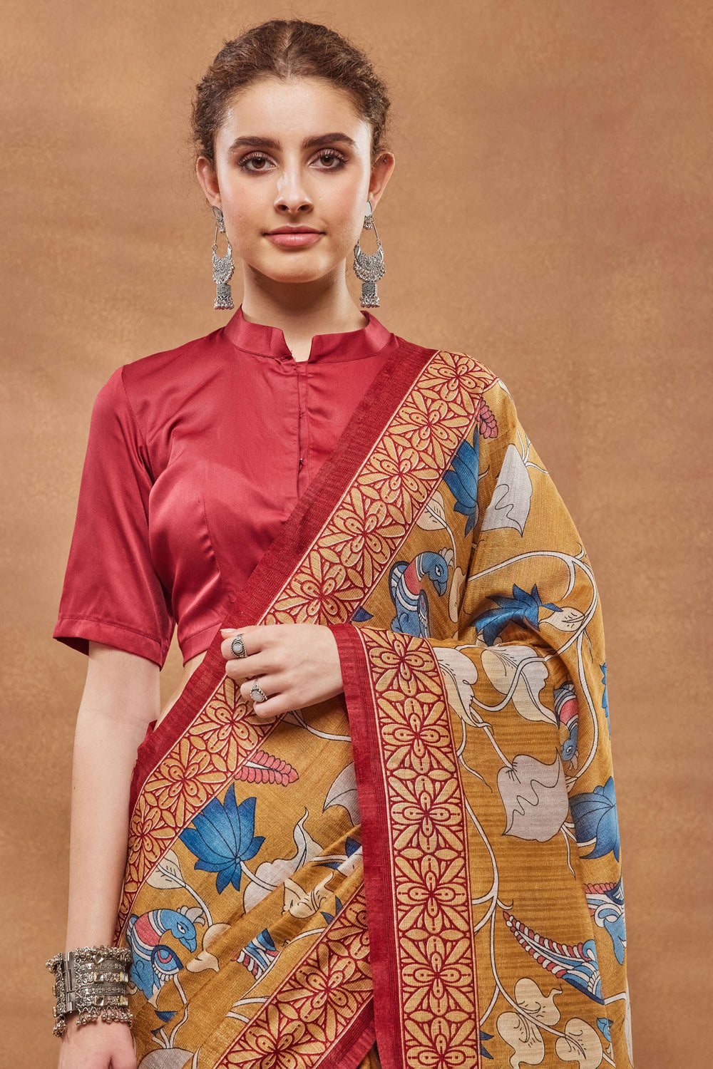Excellent Art Silk Fabric Mustard Color Saree With Floral Printed Work | Buy Online India