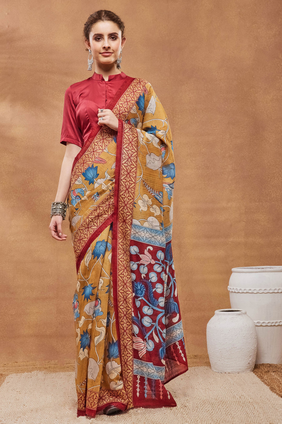 Excellent Art Silk Fabric Mustard Color Saree With Floral Printed Work | Buy Online India