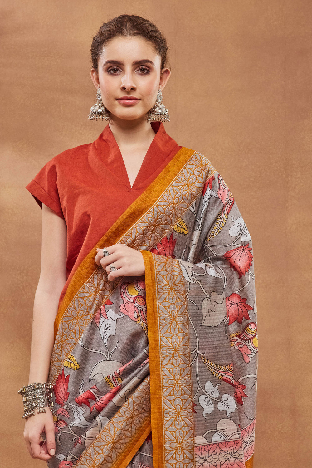 Grey Color Floral Printed Work On Art Silk Fabric Beatific Saree | Buy Online India