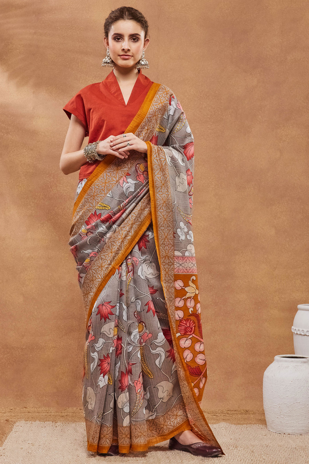 Grey Color Floral Printed Work On Art Silk Fabric Beatific Saree | Buy Online India