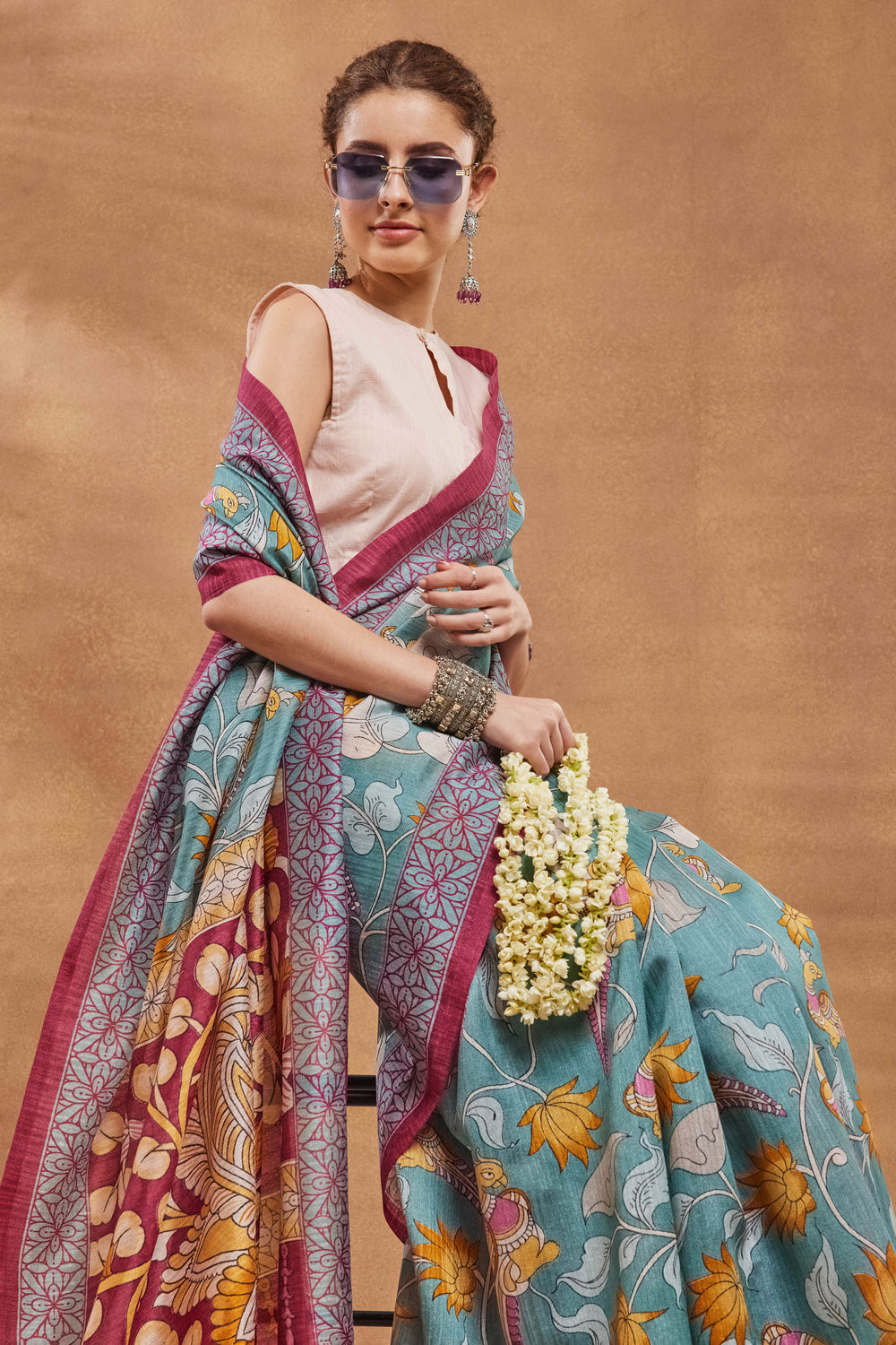 Beguiling Floral Printed Work On Sea Green Color Art Silk Fabric Saree | Buy Online India