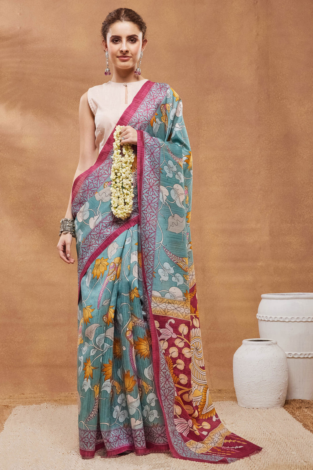 Beguiling Floral Printed Work On Sea Green Color Art Silk Fabric Saree | Buy Online India