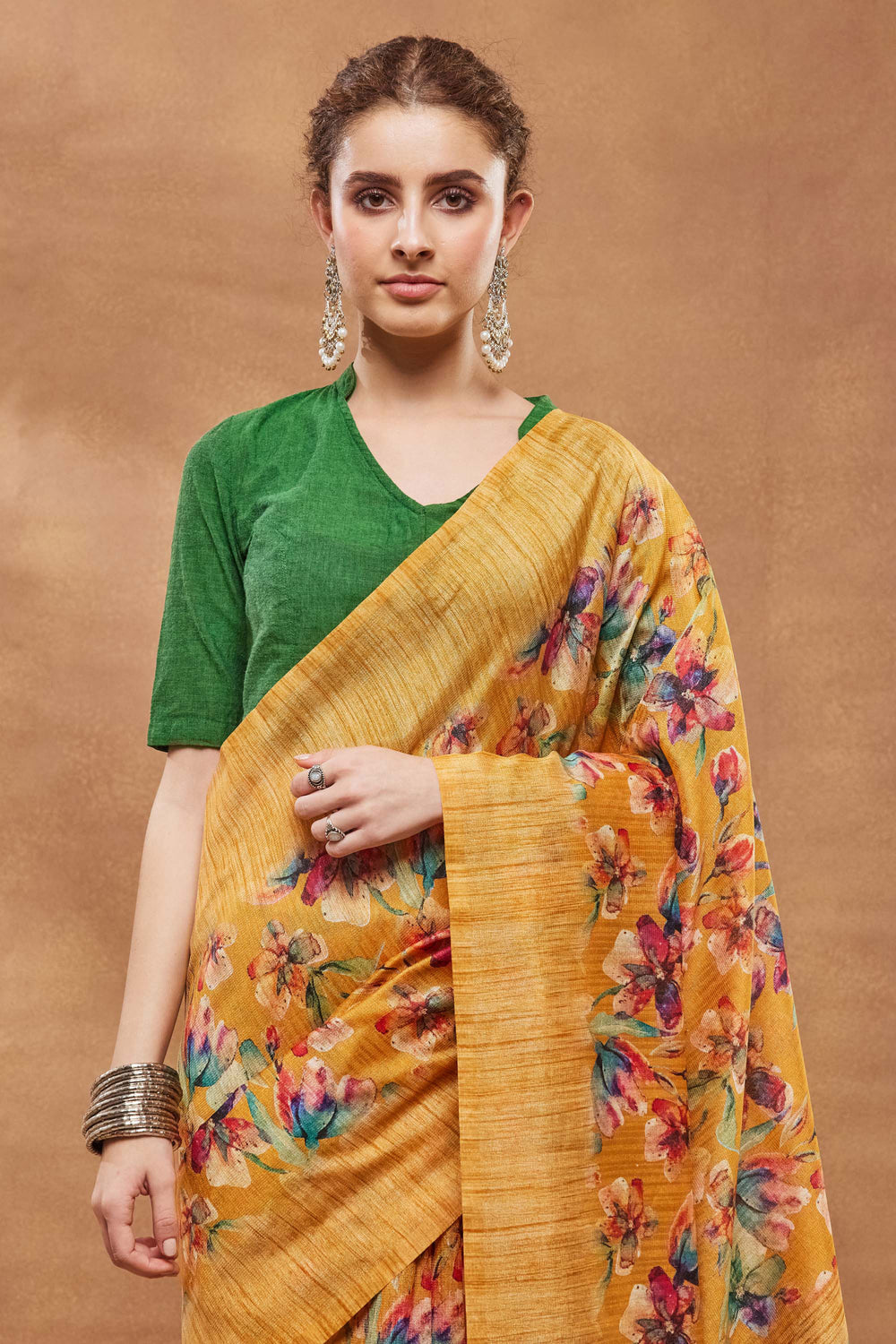 Incredible Floral Printed Work On Art Silk Fabric Mustard Color Saree | Buy Online India