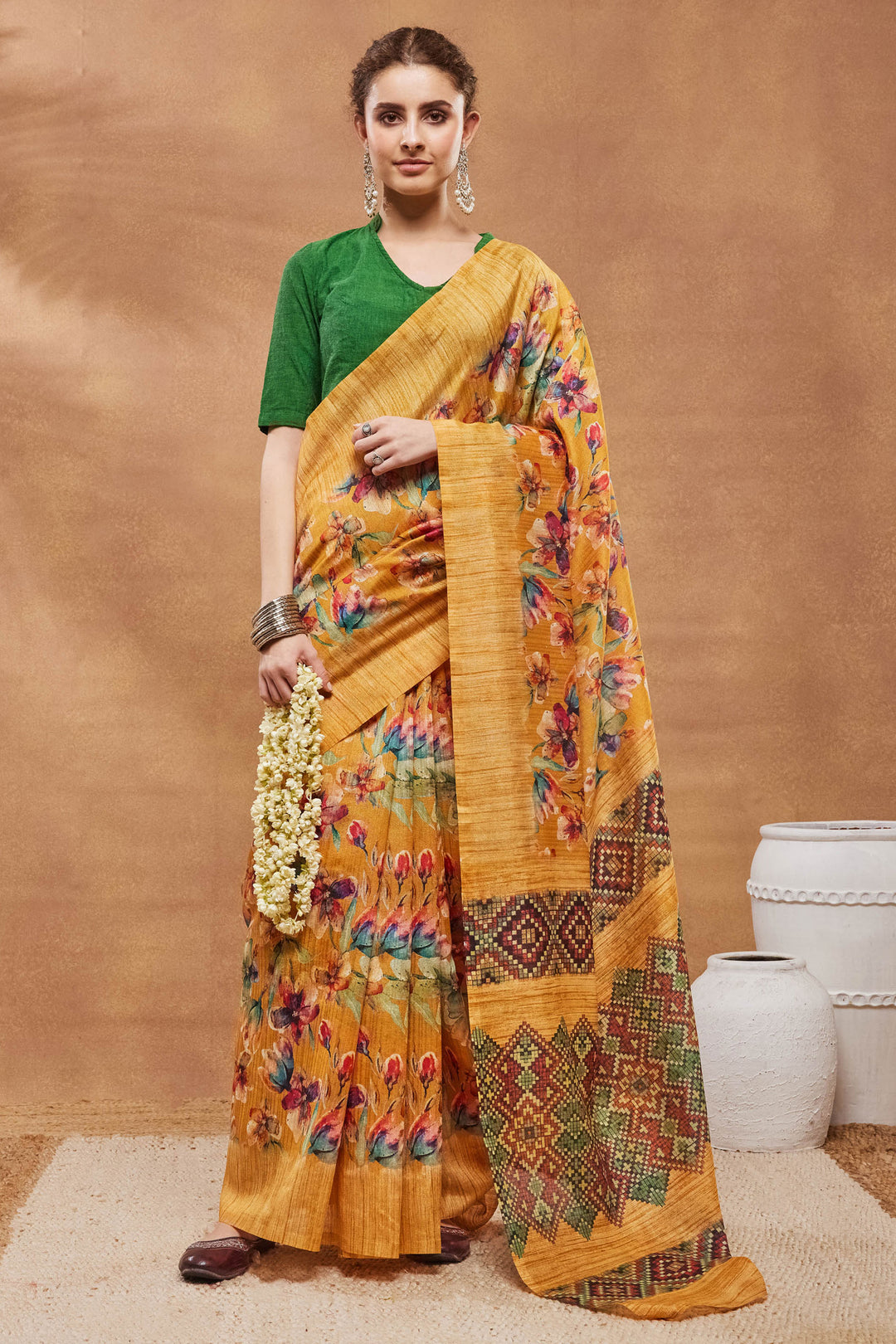 Incredible Floral Printed Work On Art Silk Fabric Mustard Color Saree | Buy Online India