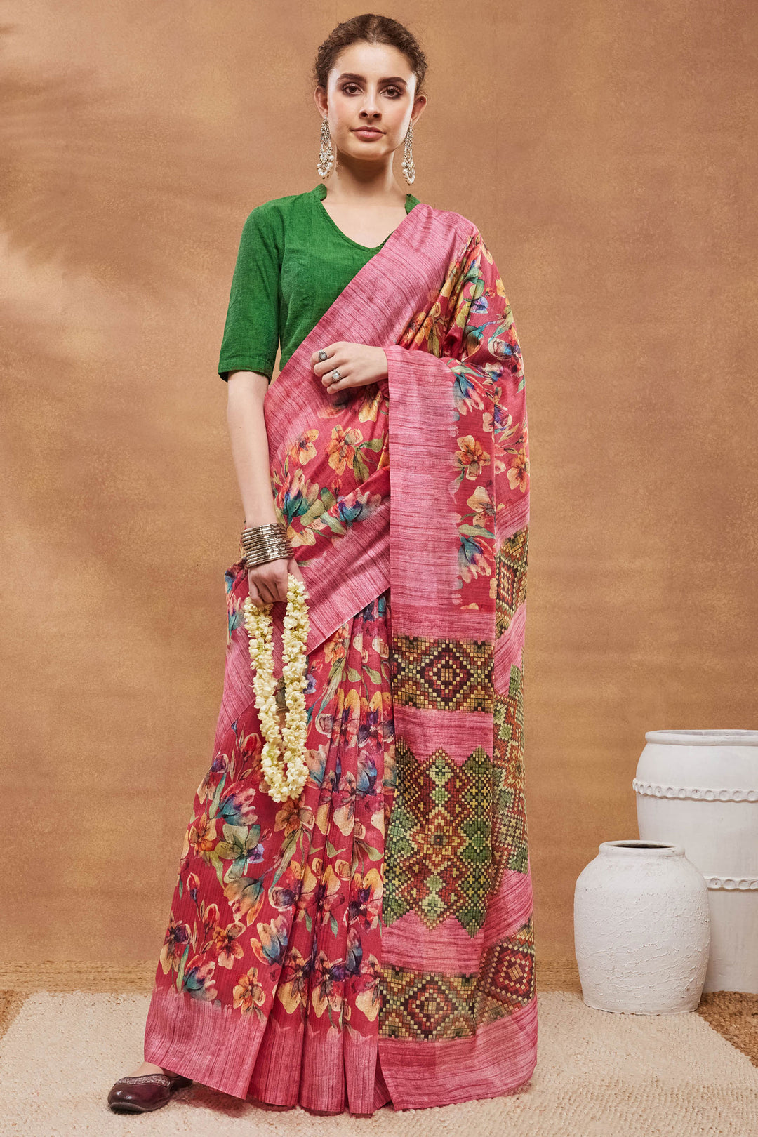 Tempting Art Silk Fabric Pink Color Saree With Floral Printed Work | Buy Online India