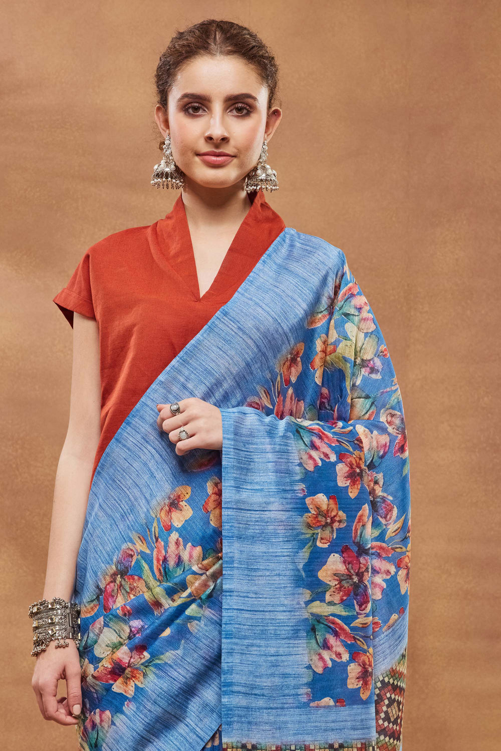 Engaging Blue Color Art Silk Fabric Saree With Floral Printed Work | Buy Online India