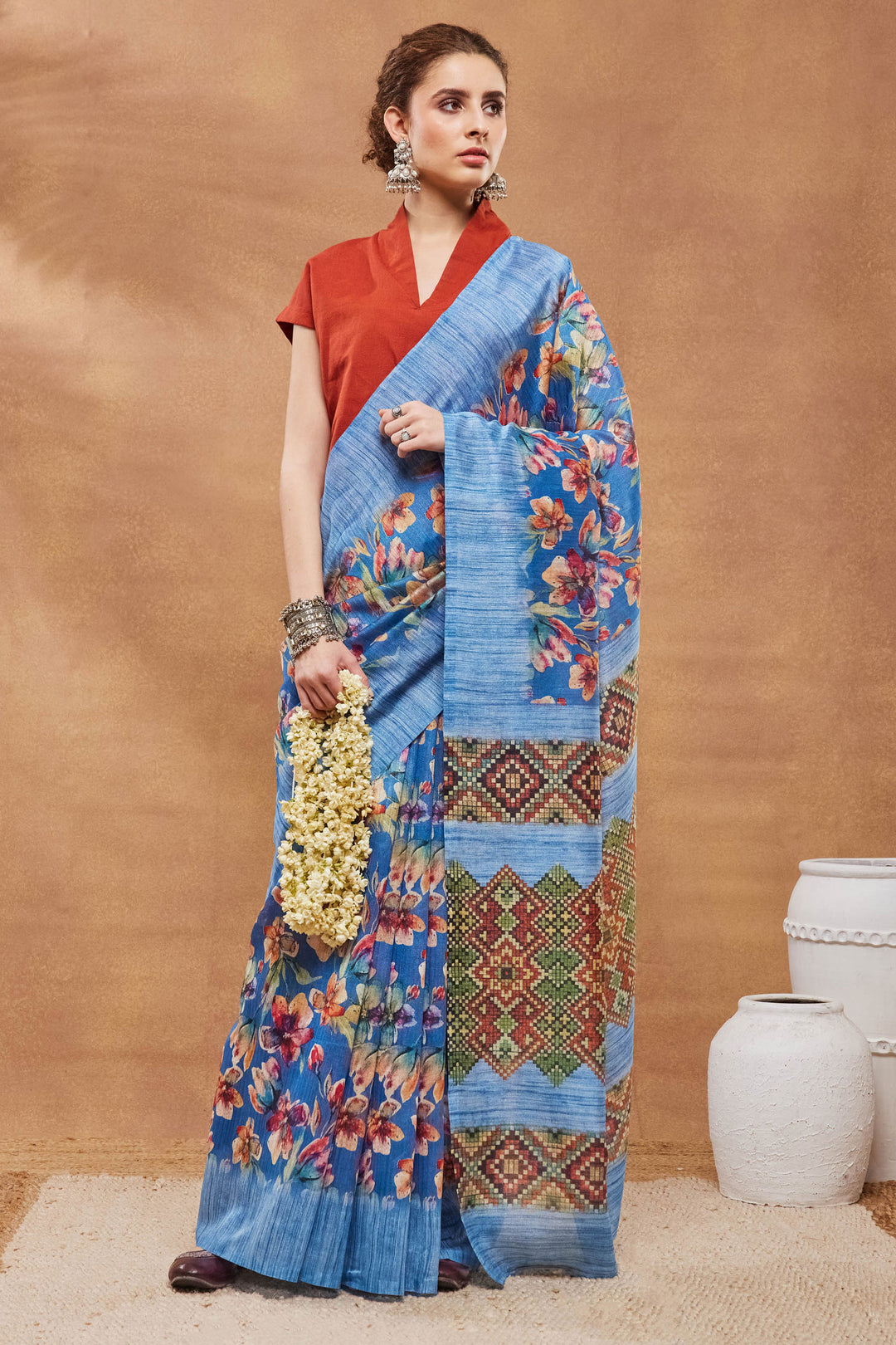 Engaging Blue Color Art Silk Fabric Saree With Floral Printed Work | Buy Online India
