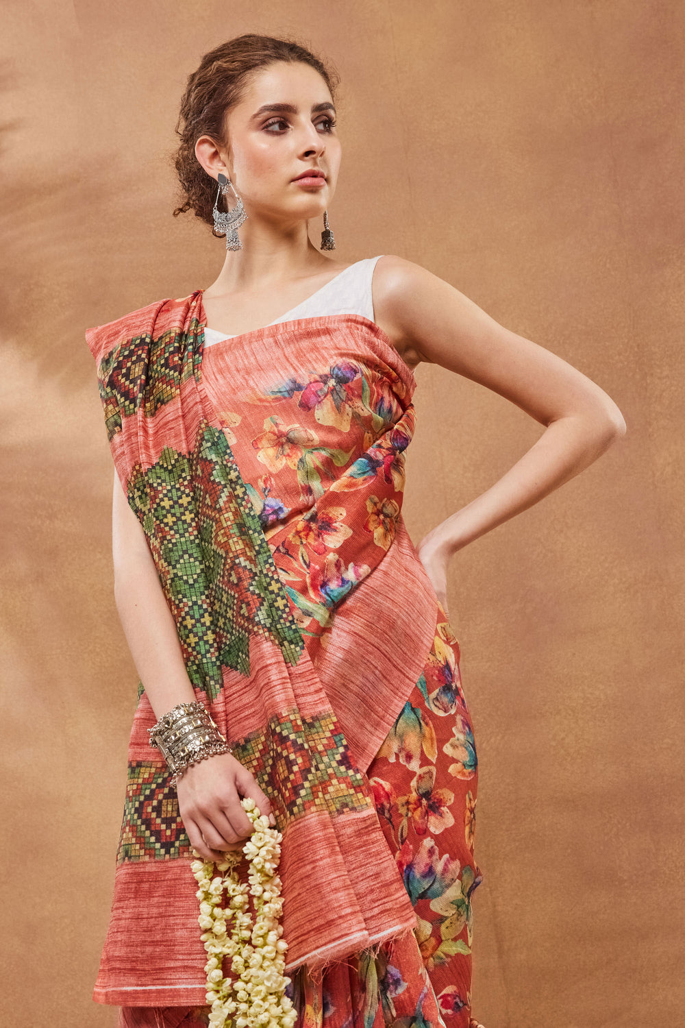 Classic Floral Printed Work On Rust Color Saree In Art Silk Fabric | Buy Online India