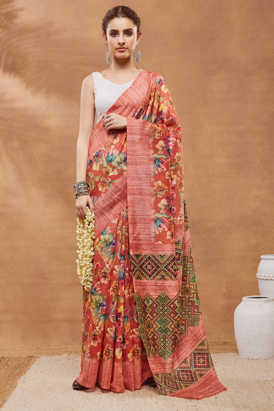 Classic Floral Printed Work On Rust Color Saree In Art Silk Fabric | Buy Online India