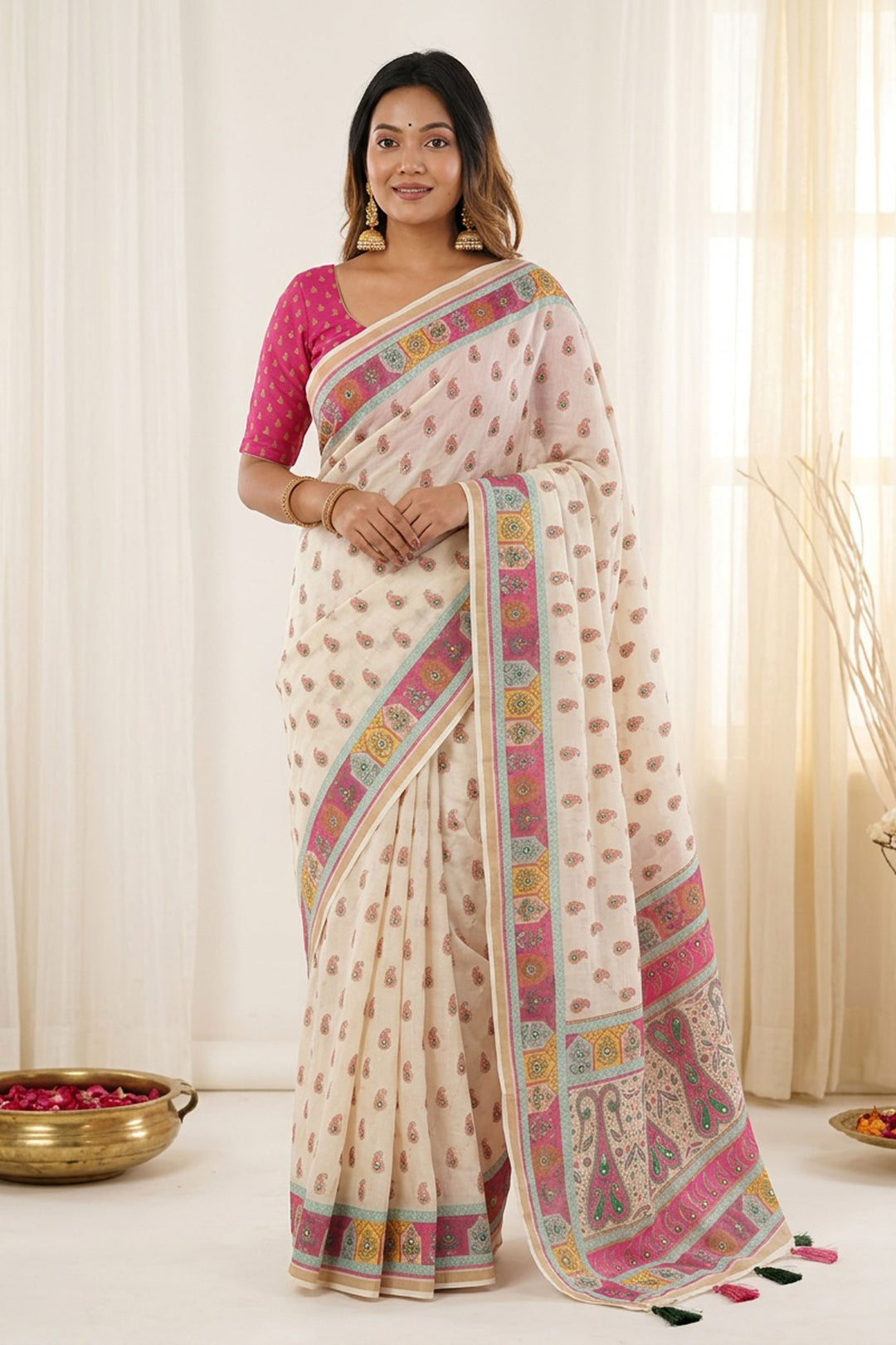 Alluring White Color Digital Printed Linen Silk Saree | Buy Online India