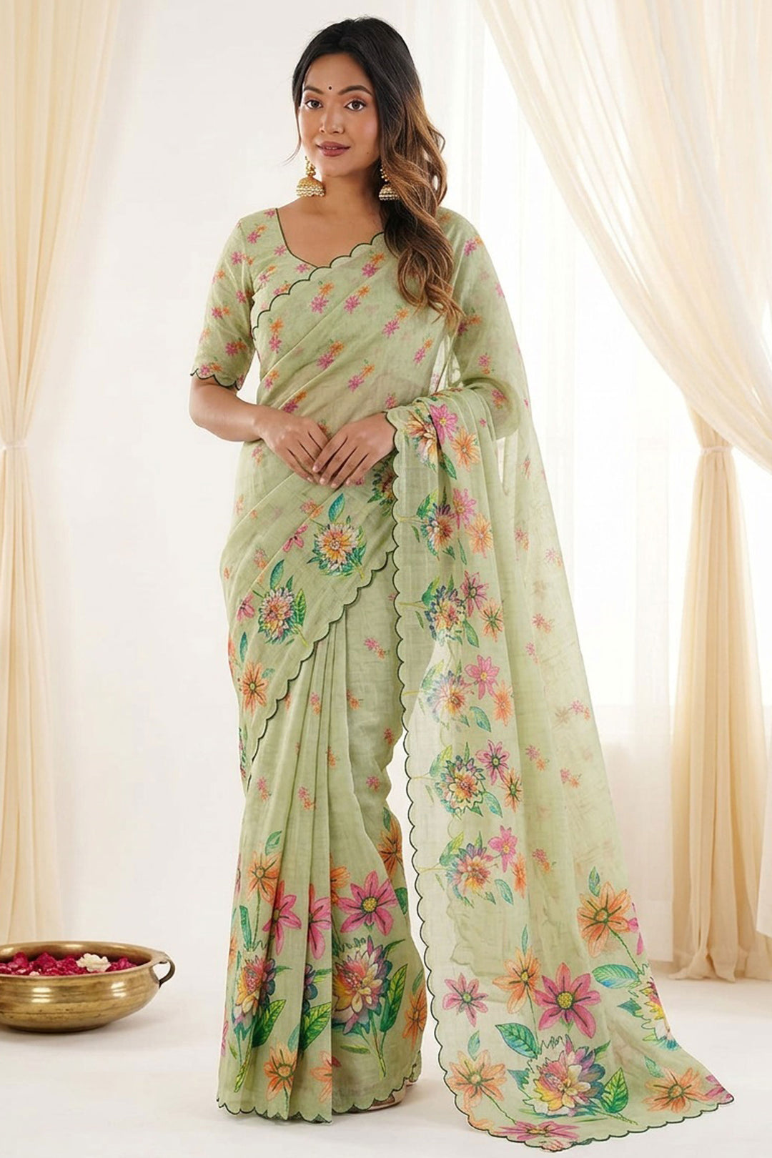 Grey Color Digital Printed Graceful Linen Silk Saree | Buy Online India