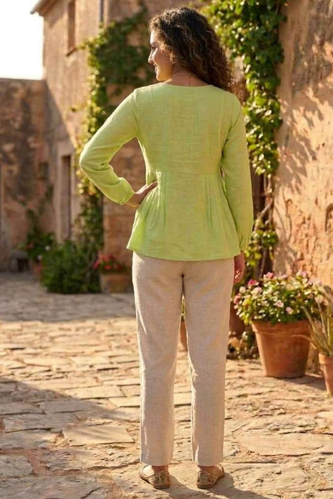 Tempting Linen Cotton Fabric Green Color Readymade Top Bottom | Buy Online India