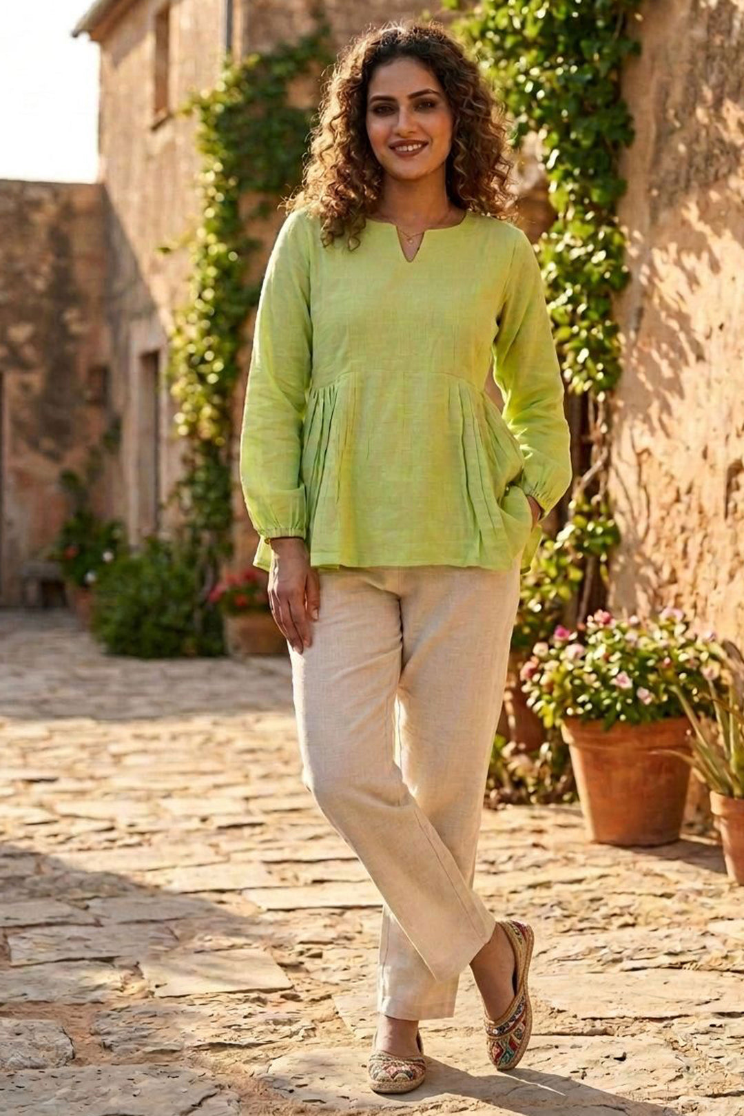Tempting Linen Cotton Fabric Green Color Readymade Top Bottom | Buy Online India