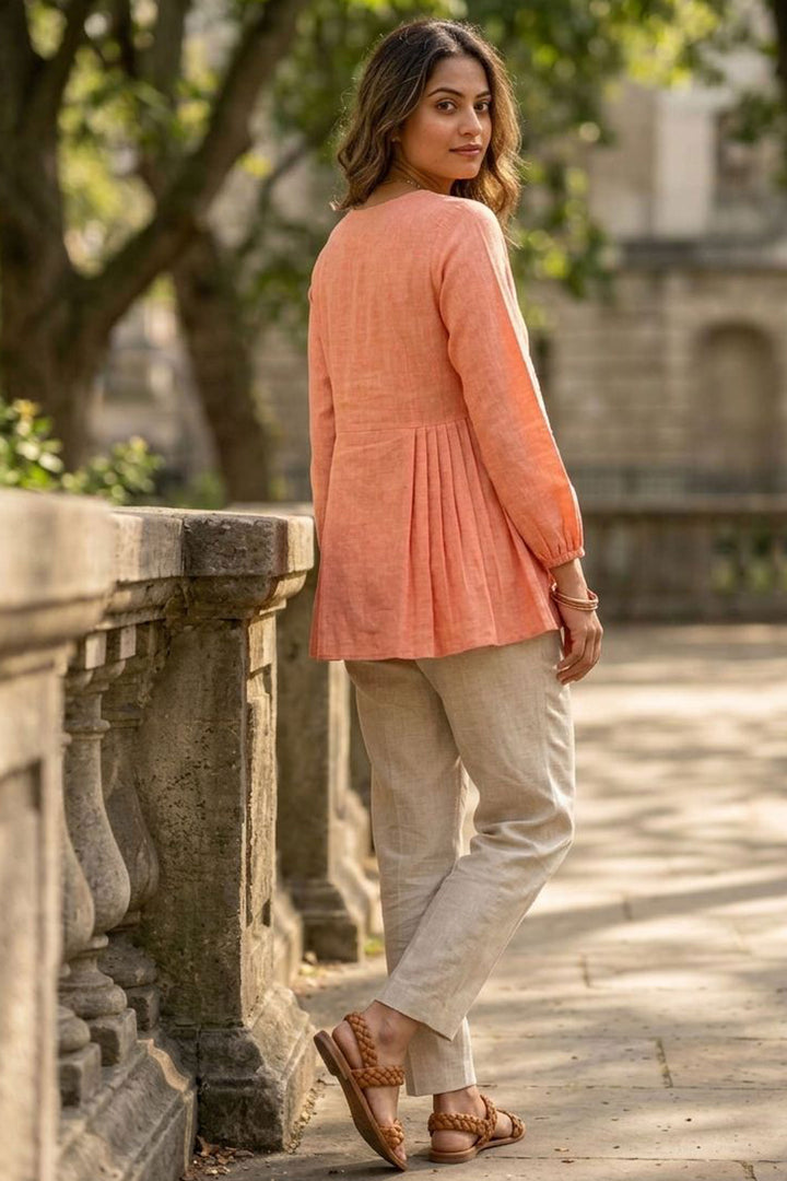 Engaging Peach Color Linen Cotton Fabric Readymade Top Bottom | Buy Online India