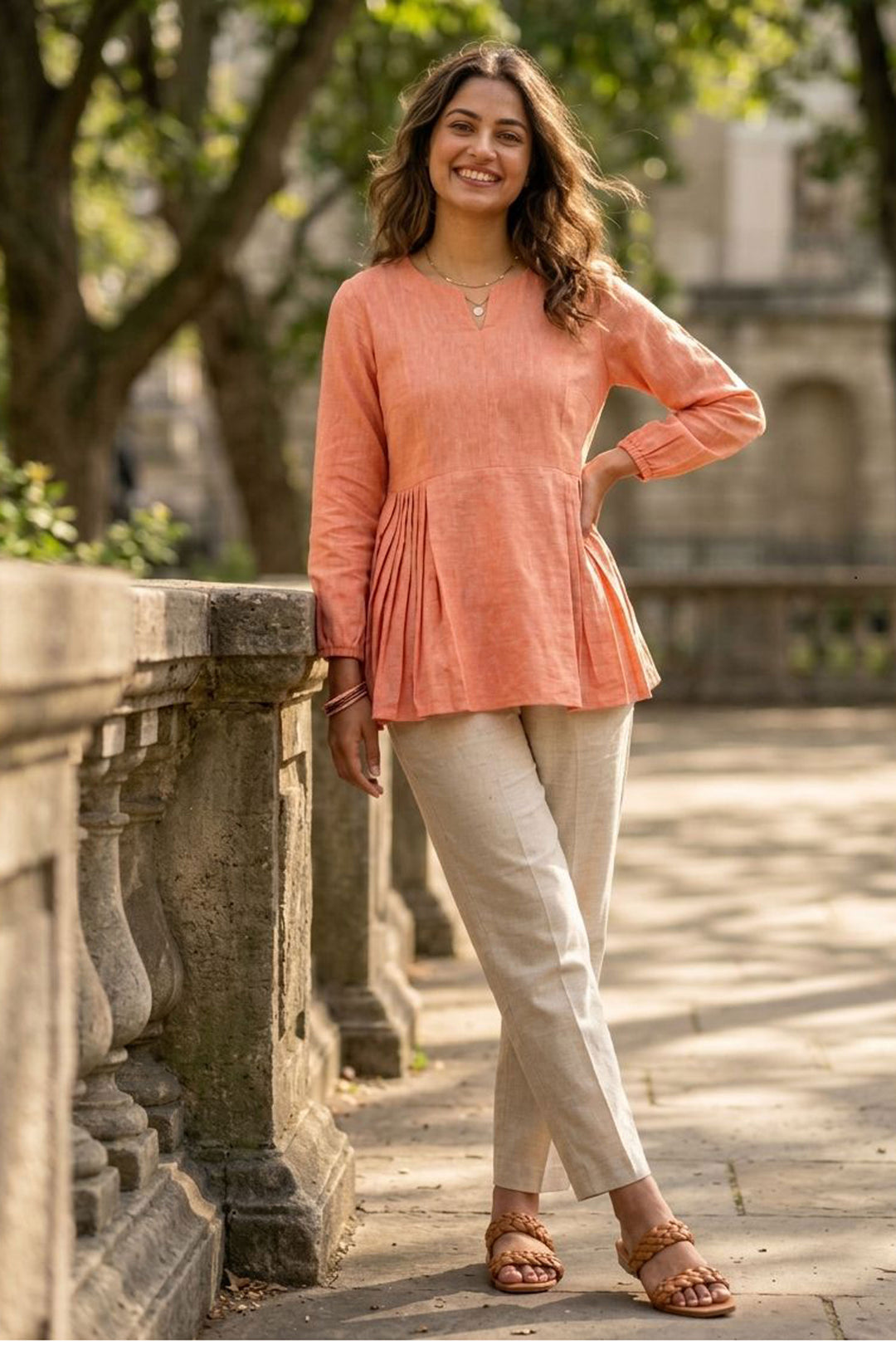 Engaging Peach Color Linen Cotton Fabric Readymade Top Bottom | Buy Online India