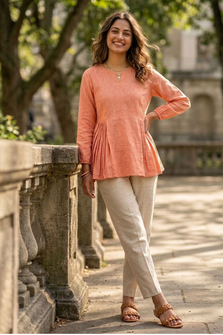 Engaging Peach Color Linen Cotton Fabric Readymade Top Bottom | Buy Online India