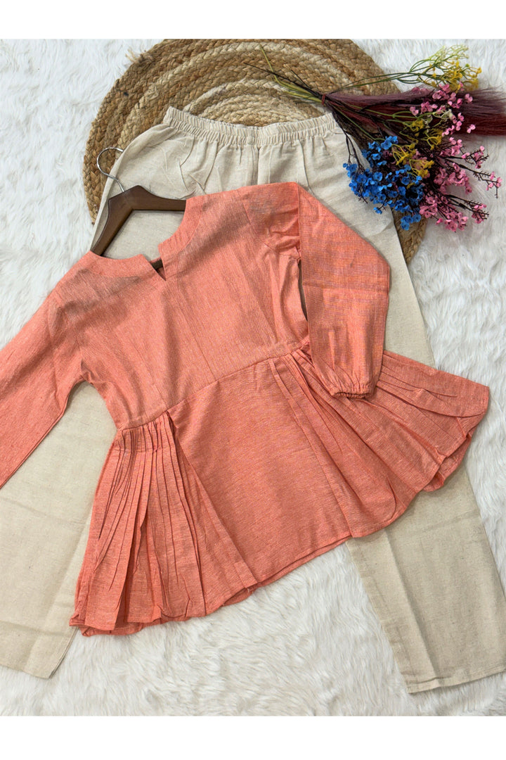 Engaging Peach Color Linen Cotton Fabric Readymade Top Bottom | Buy Online India