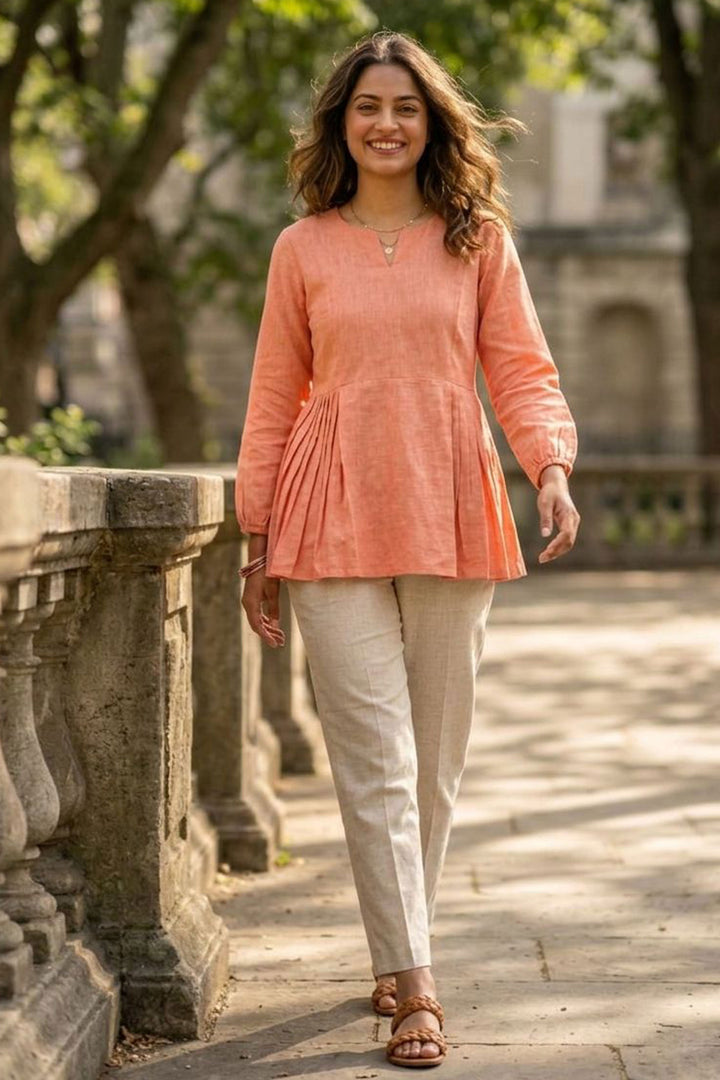 Engaging Peach Color Linen Cotton Fabric Readymade Top Bottom | Buy Online India