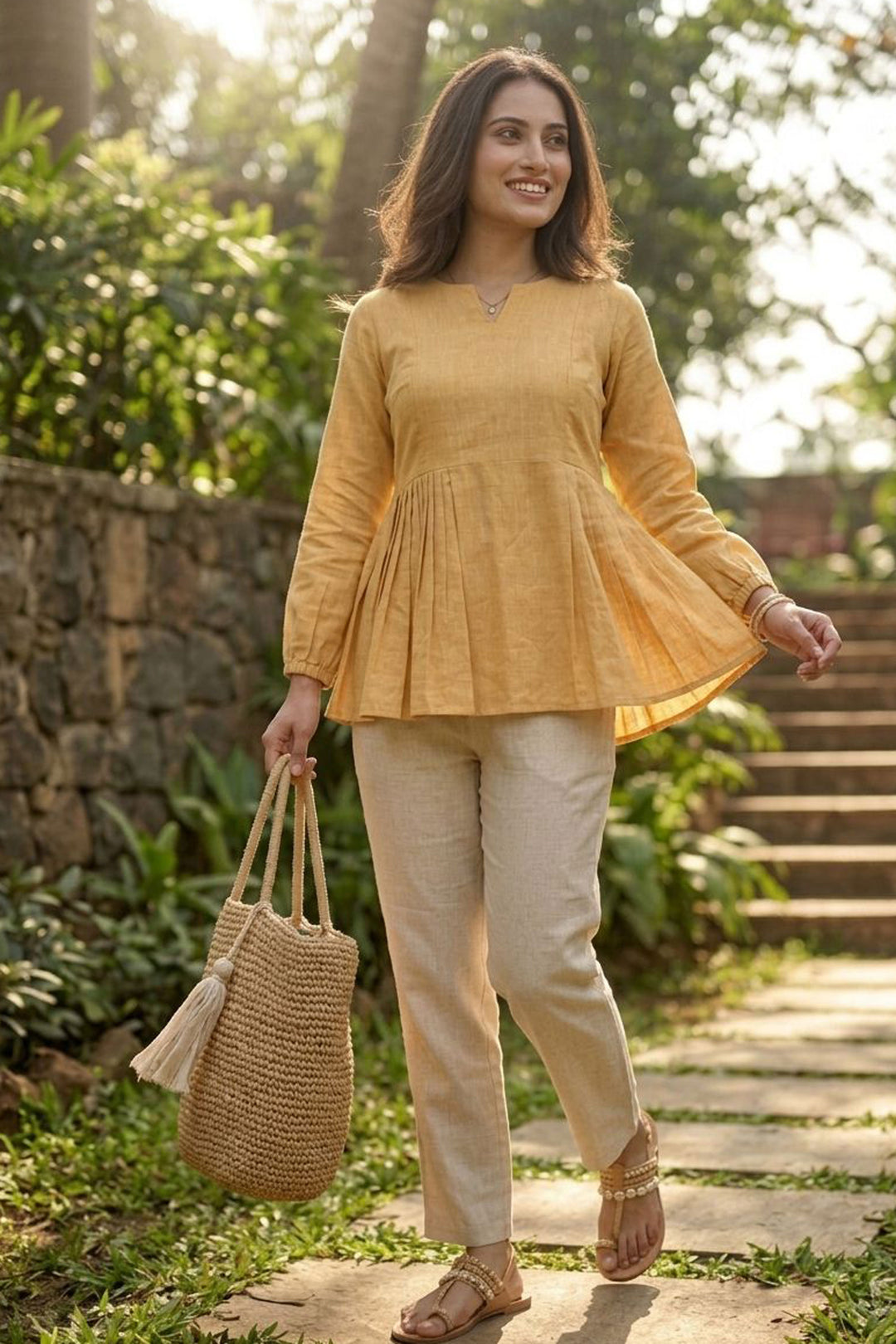 Amazing Yellow Color Georgette Fabric Readymade Top Bottom | Buy Online India