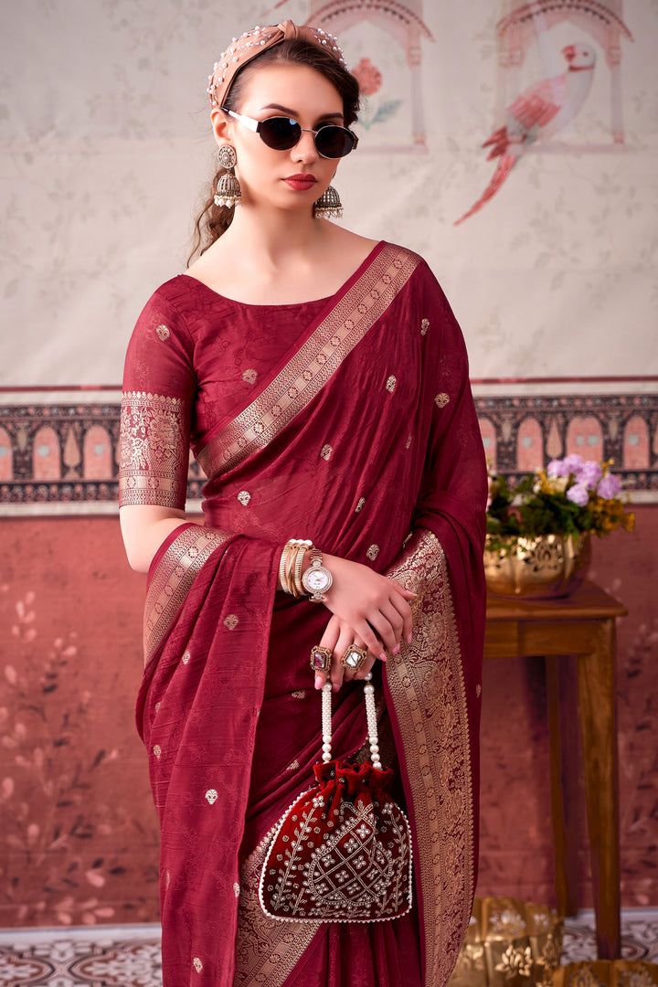 Weaving Work Soothing Chinon Fabric Saree In Maroon Color | Buy Online India