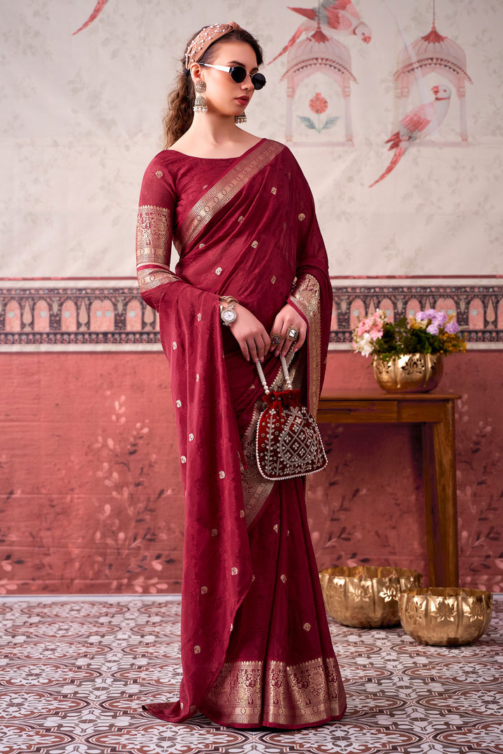Weaving Work Soothing Chinon Fabric Saree In Maroon Color | Buy Online India