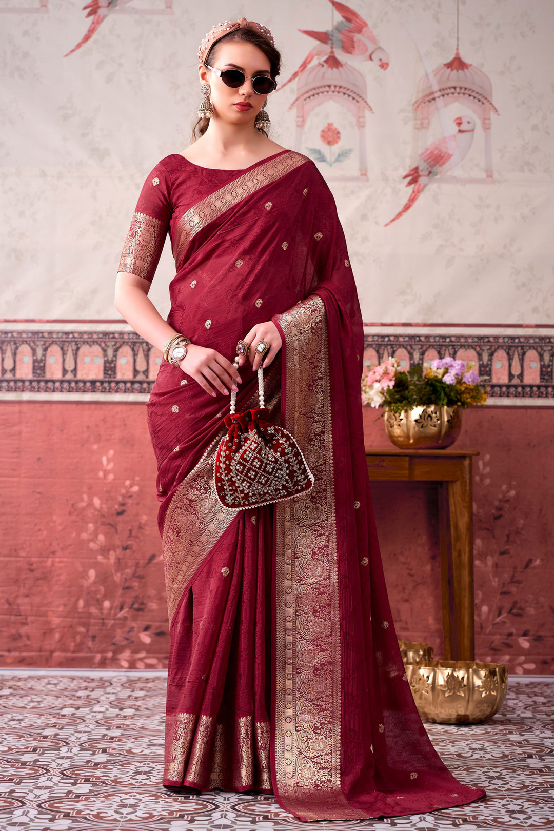 Weaving Work Soothing Chinon Fabric Saree In Maroon Color | Buy Online India