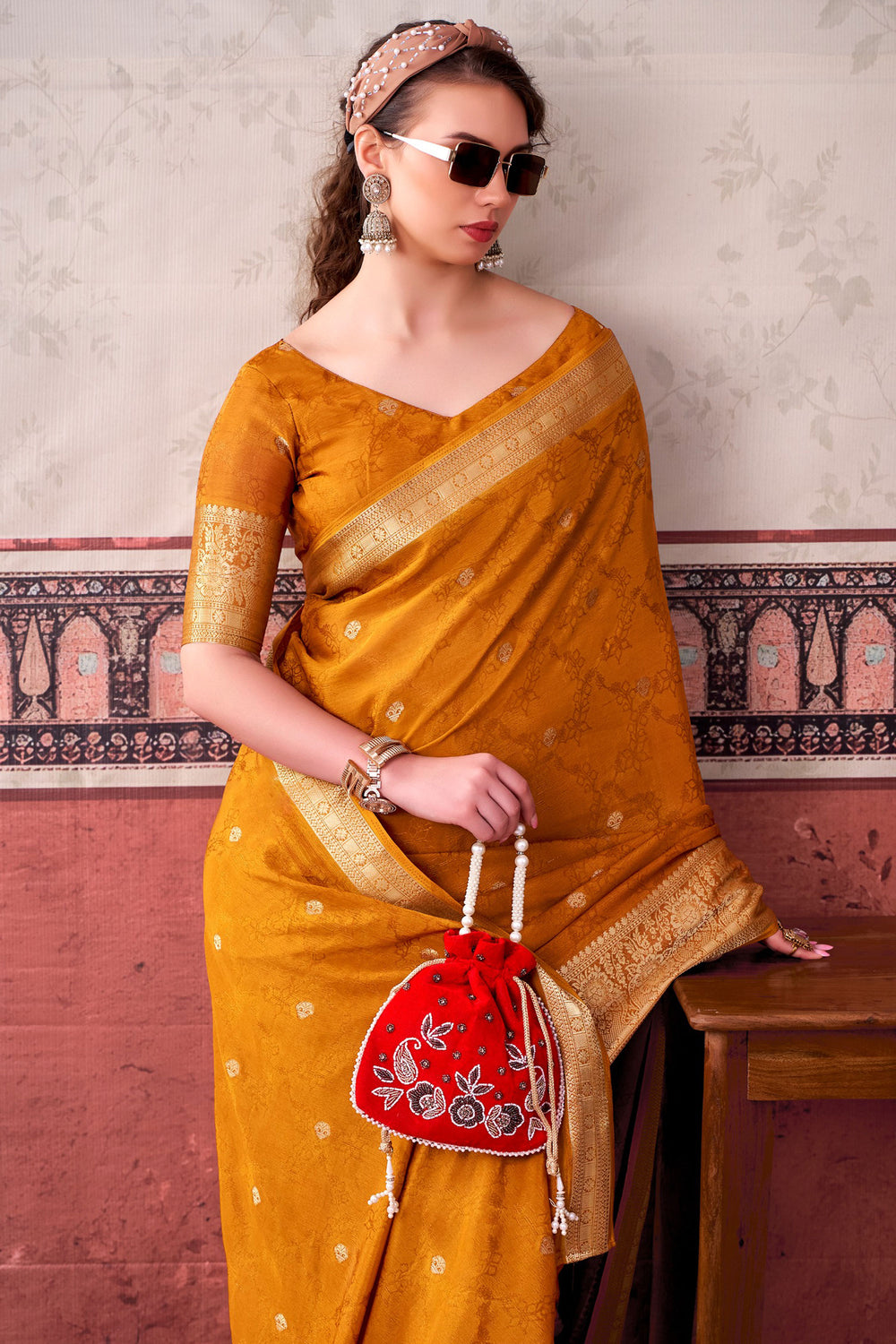 Mustard Color Glorious Chinon Fabric Saree With Weaving Work | Buy Online India