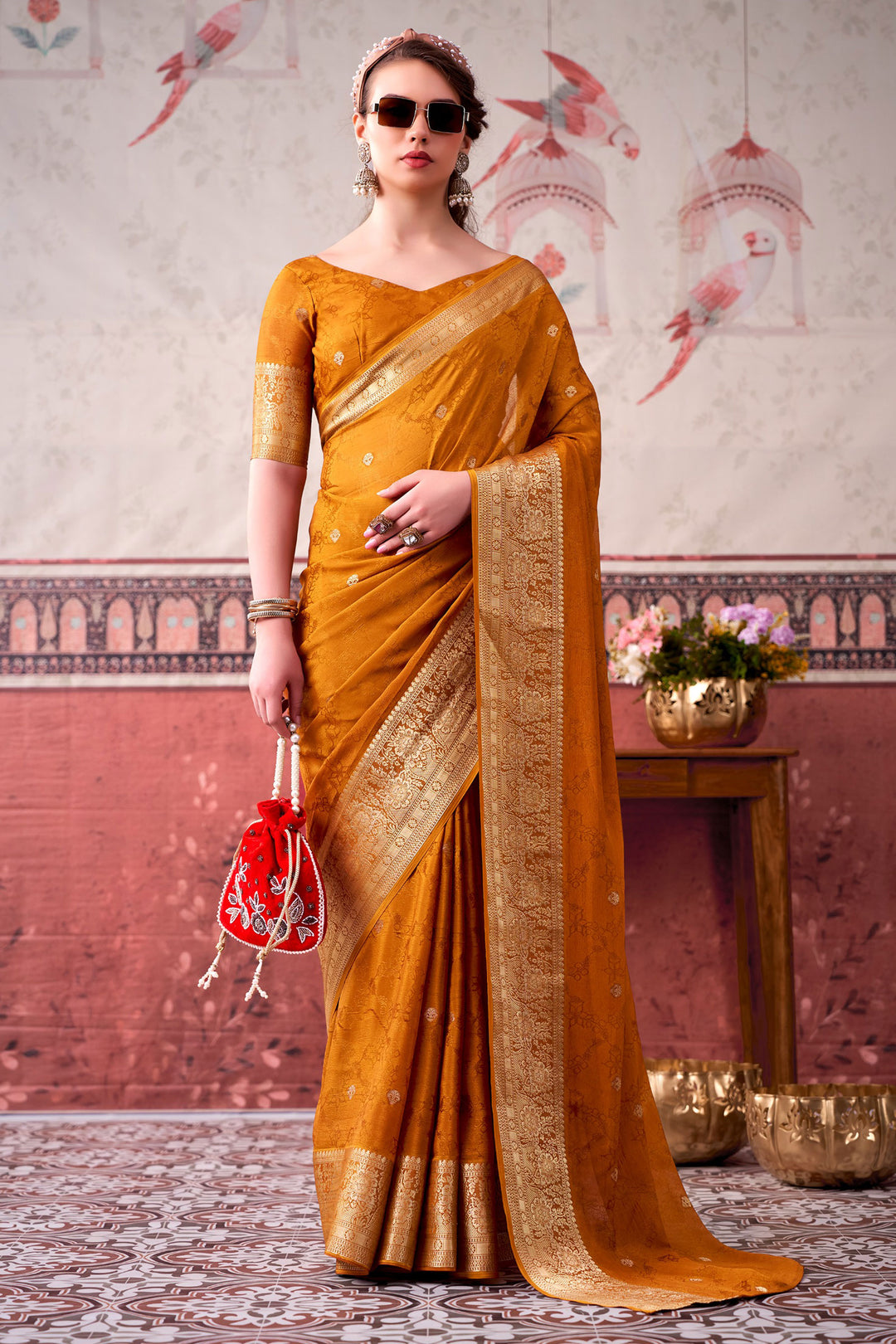 Mustard Color Glorious Chinon Fabric Saree With Weaving Work | Buy Online India