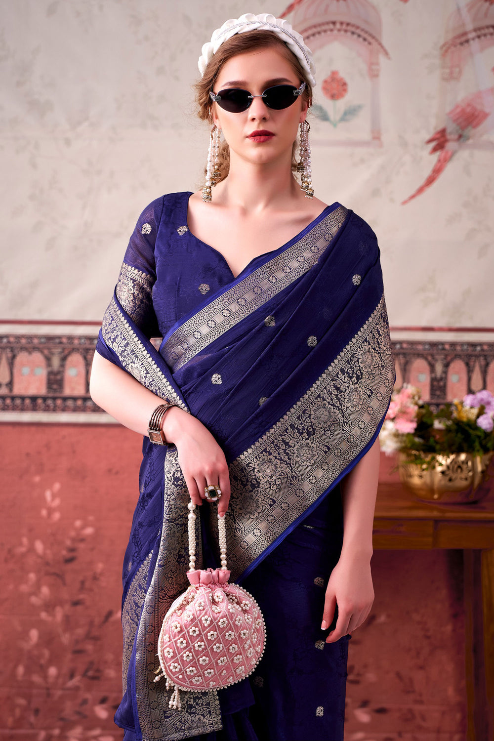 Beautiful Navy Blue Color Weaving Work Chinon Fabric Saree | Buy Online India