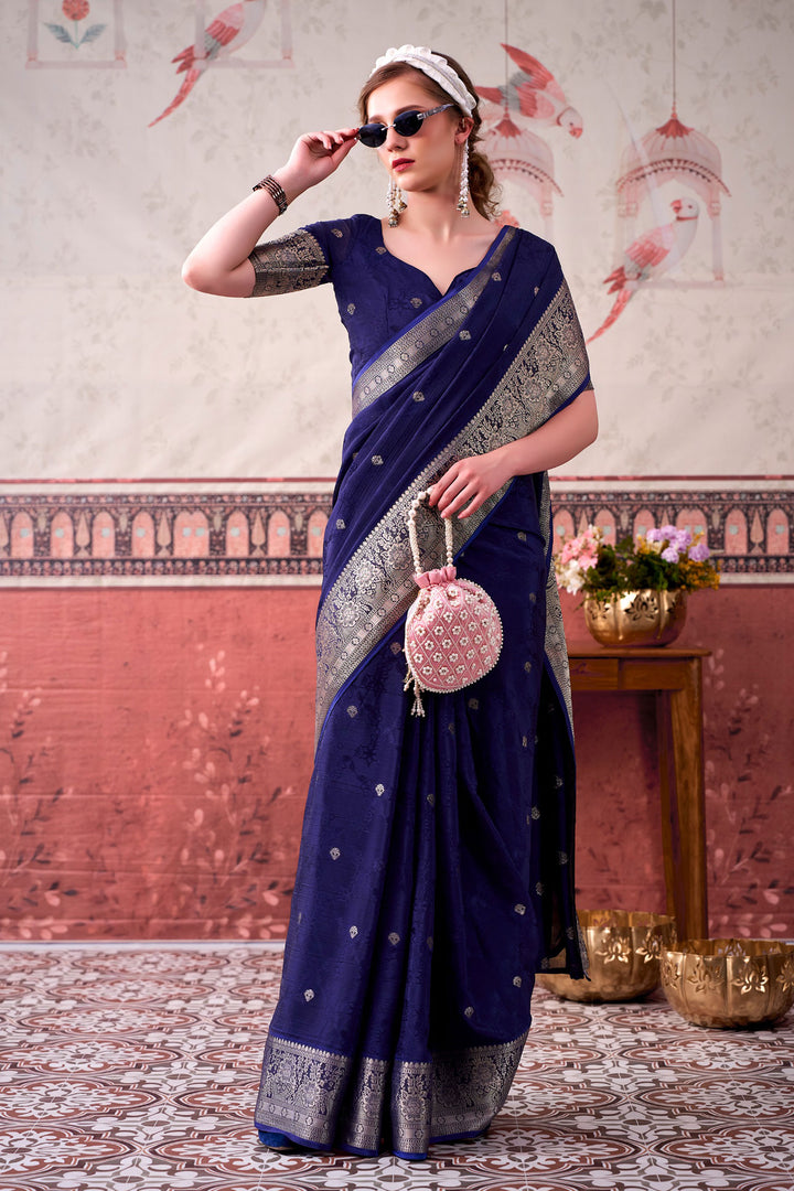 Beautiful Navy Blue Color Weaving Work Chinon Fabric Saree | Buy Online India