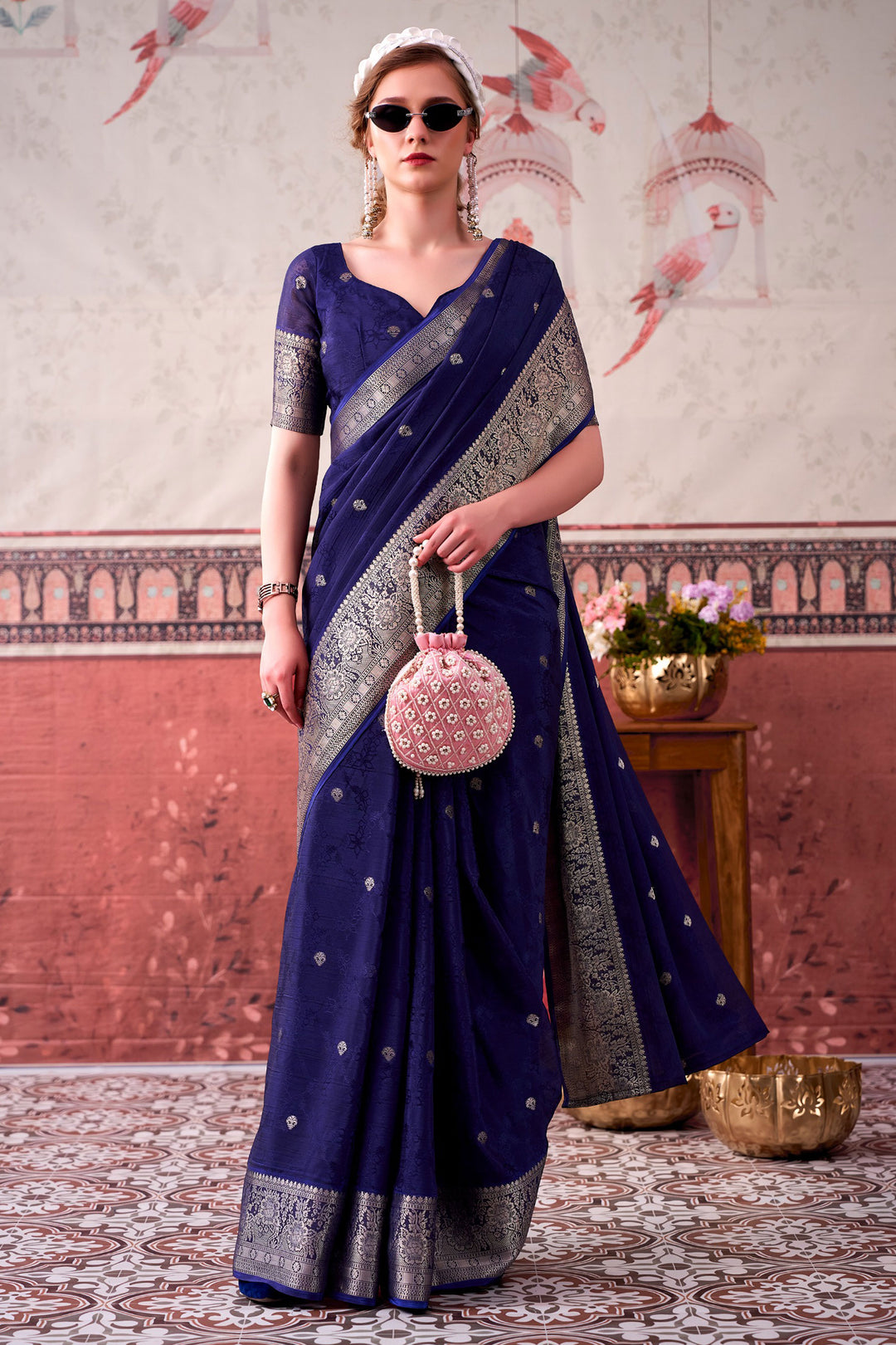 Beautiful Navy Blue Color Weaving Work Chinon Fabric Saree | Buy Online India