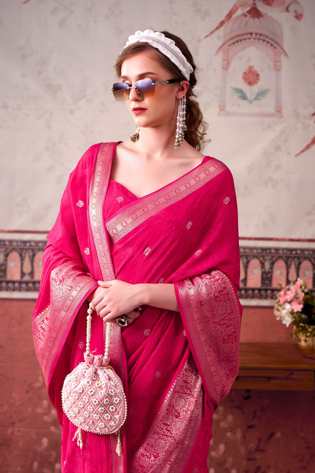 Sober Pink Color Weaving Work Chinon Fabric Saree | Buy Online India