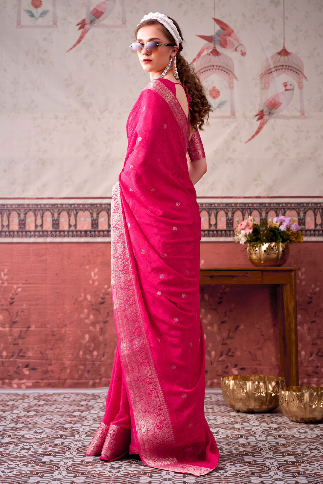 Sober Pink Color Weaving Work Chinon Fabric Saree | Buy Online India