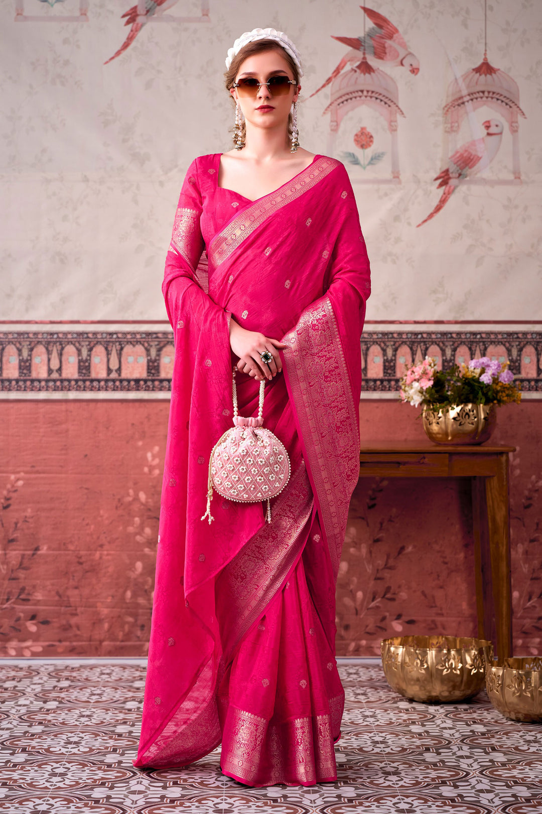Sober Pink Color Weaving Work Chinon Fabric Saree | Buy Online India