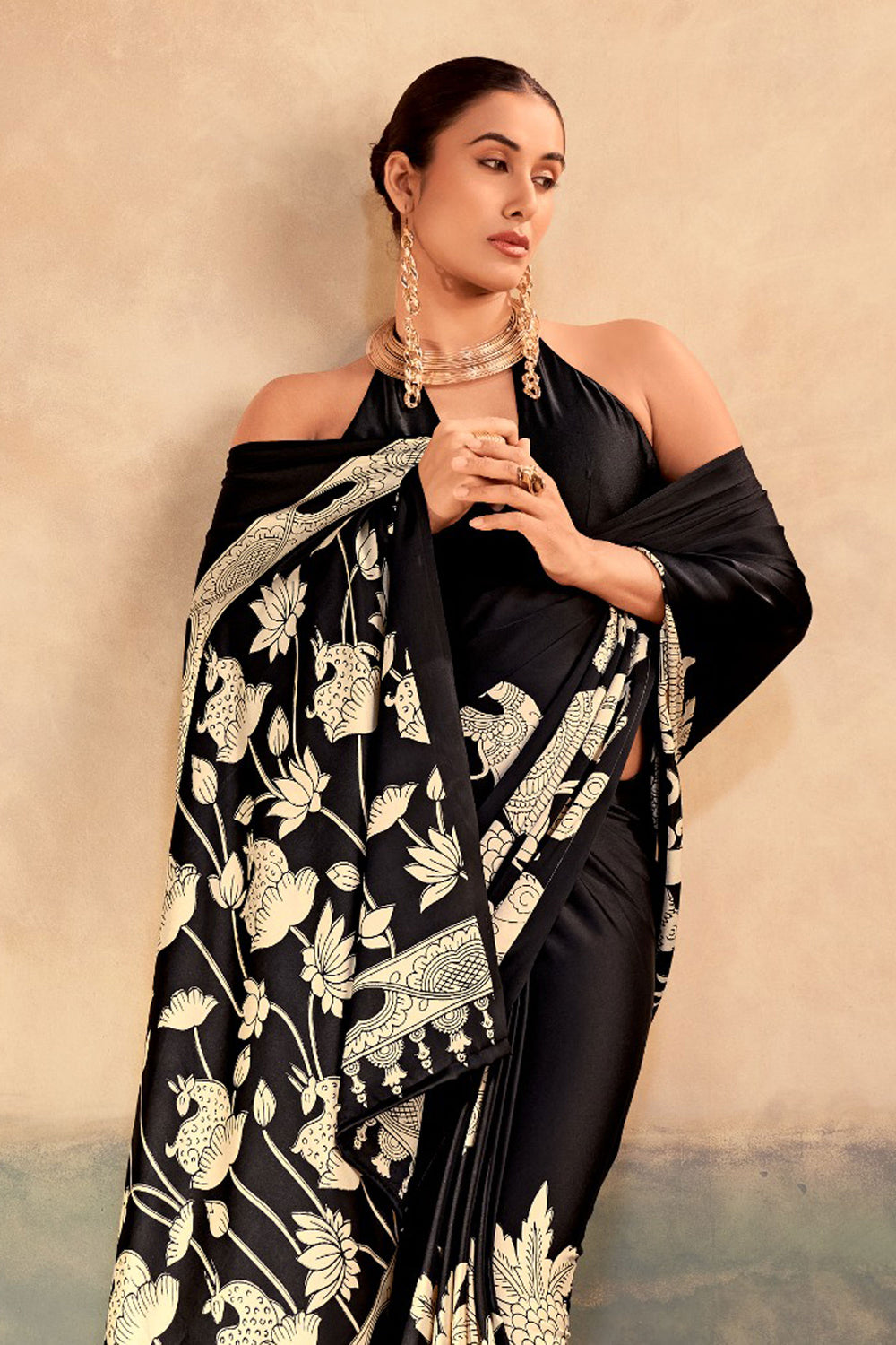 Black Color Kalamkari Printed Glamorous Satin Silk Saree | Buy Online India