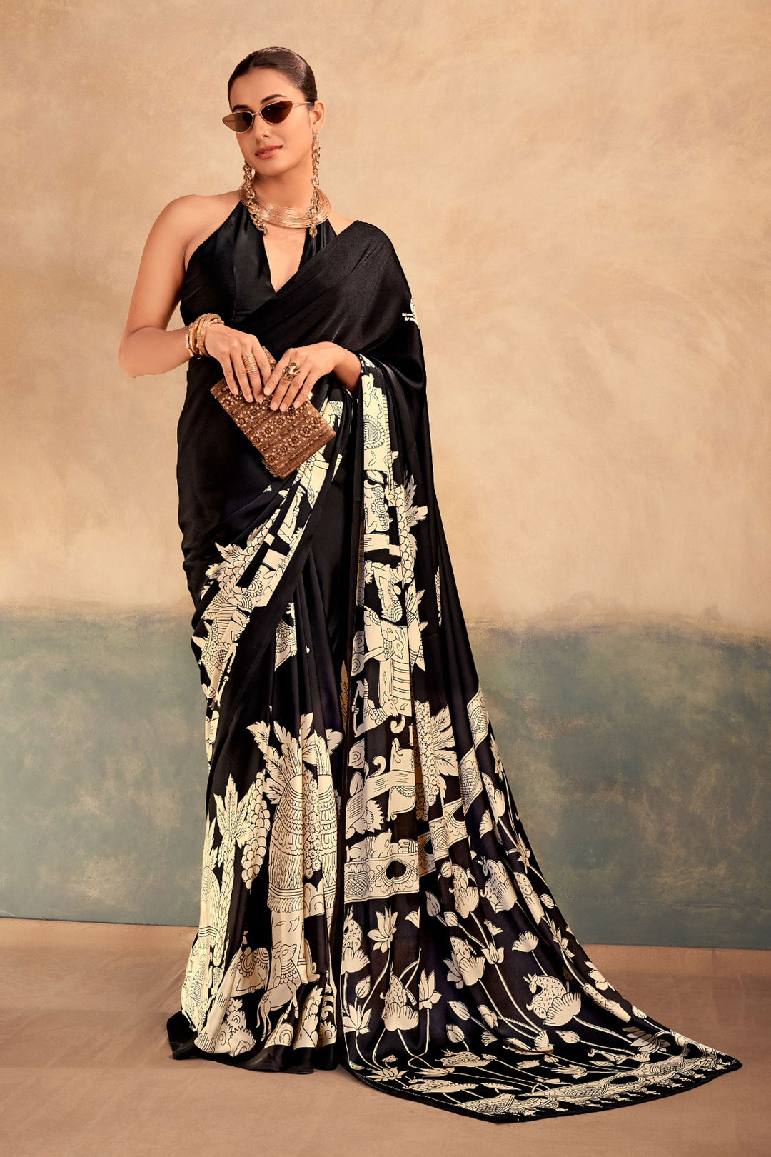 Black Color Kalamkari Printed Glamorous Satin Silk Saree | Buy Online India