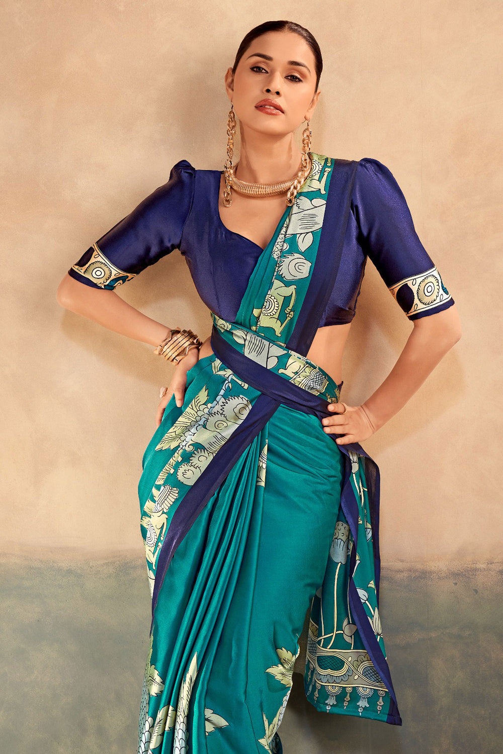 Kalamkari Printed Attractive Satin Silk Saree In Teal Color | Buy Online India