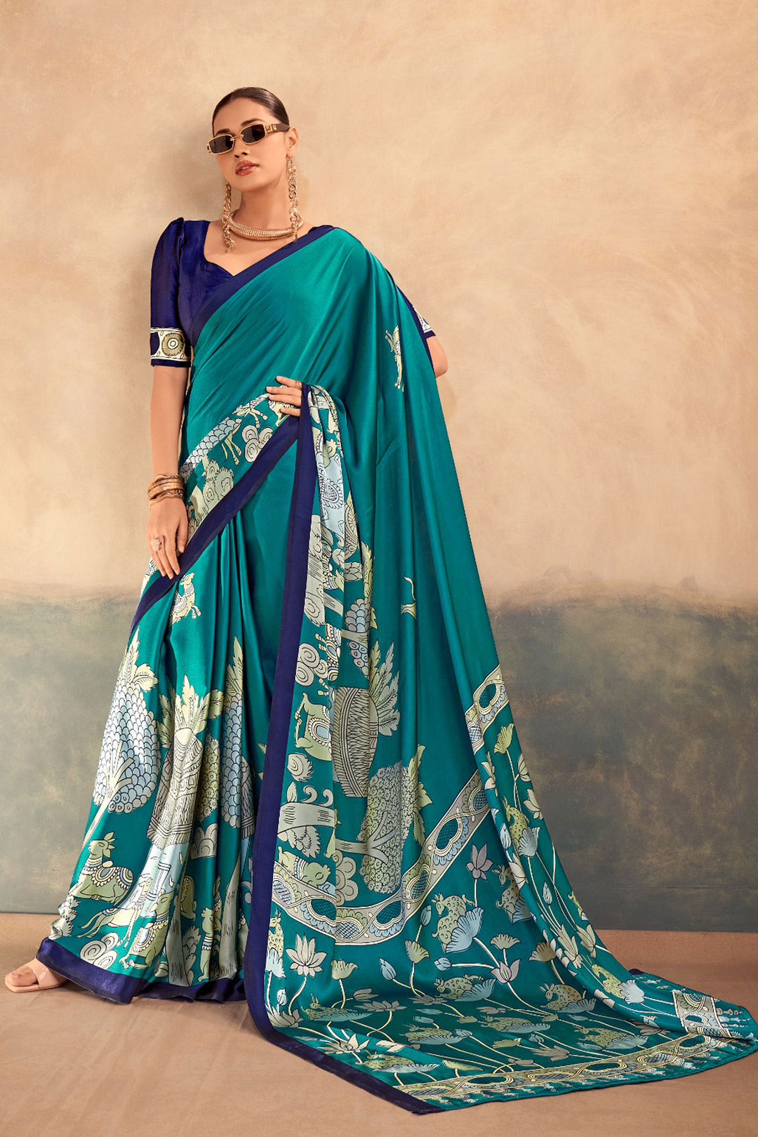 Kalamkari Printed Attractive Satin Silk Saree In Teal Color | Buy Online India