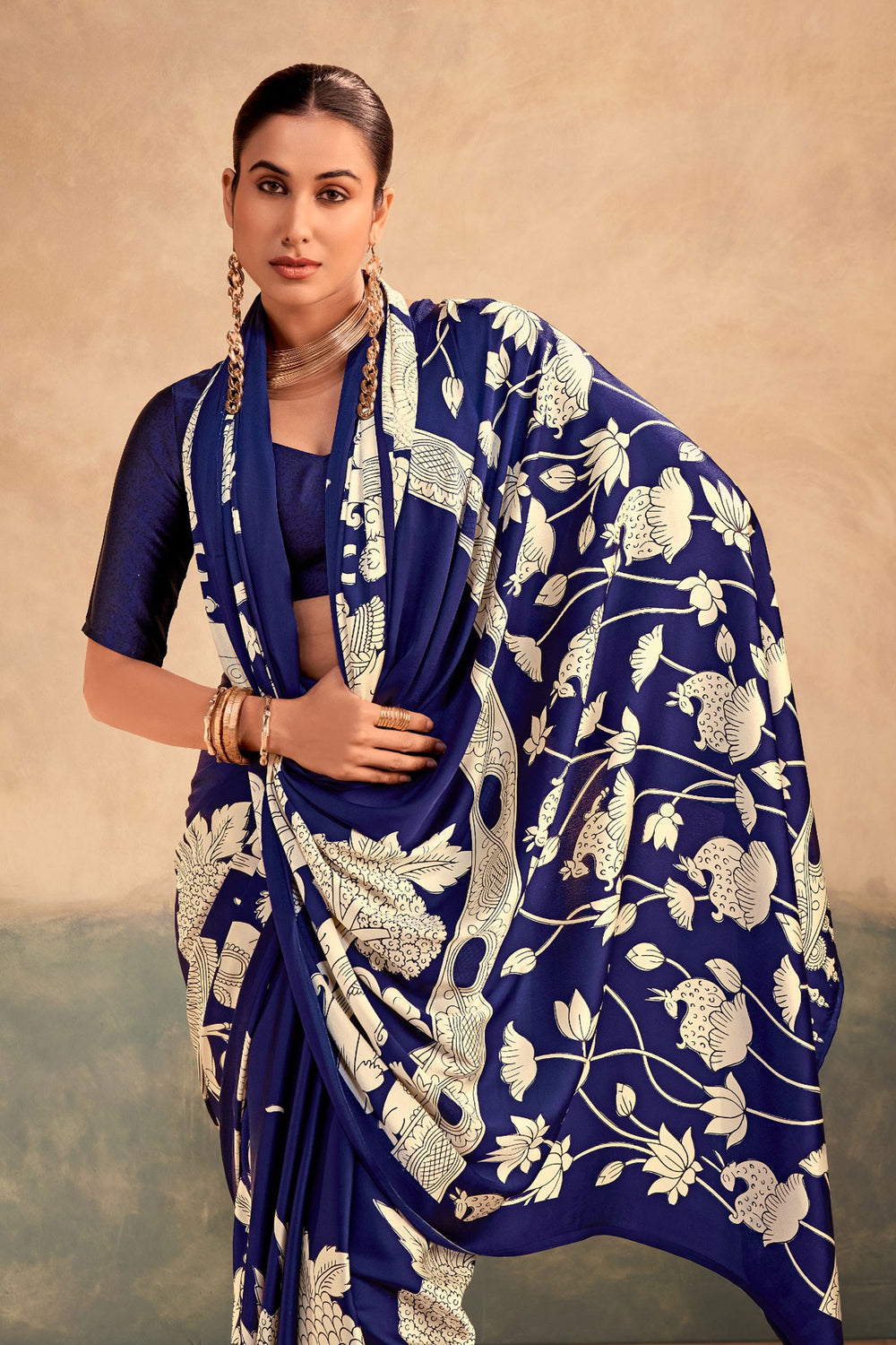 Alluring Blue Color Kalamkari Printed Satin Silk Saree | Buy Online India
